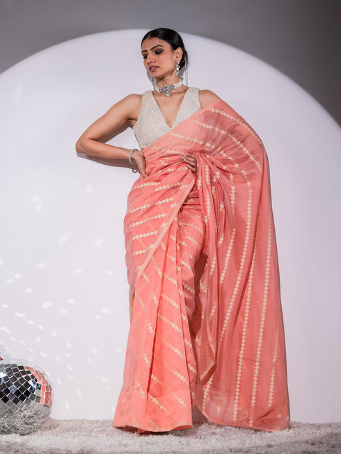 Chevron Pink Organza Saree with Cowrie Lace and Blouse Fabric