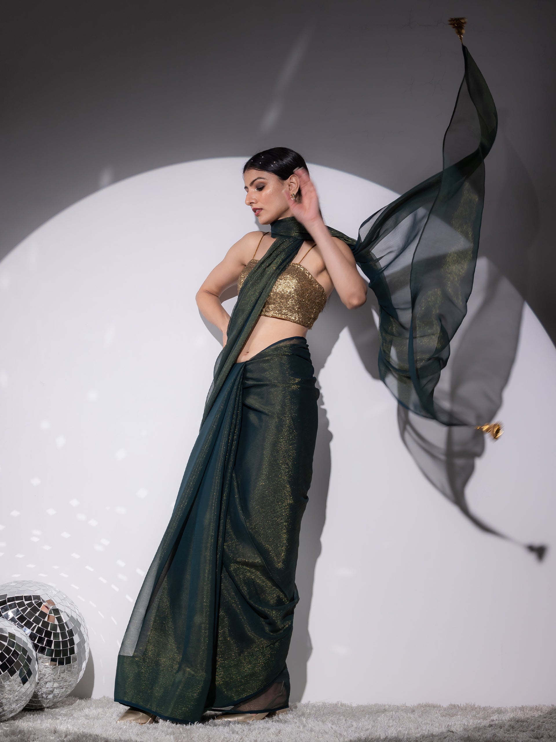 SET | Henna Shimmer & Shine Chiffon Saree with Gold Sequin Bustier - 2 Piece