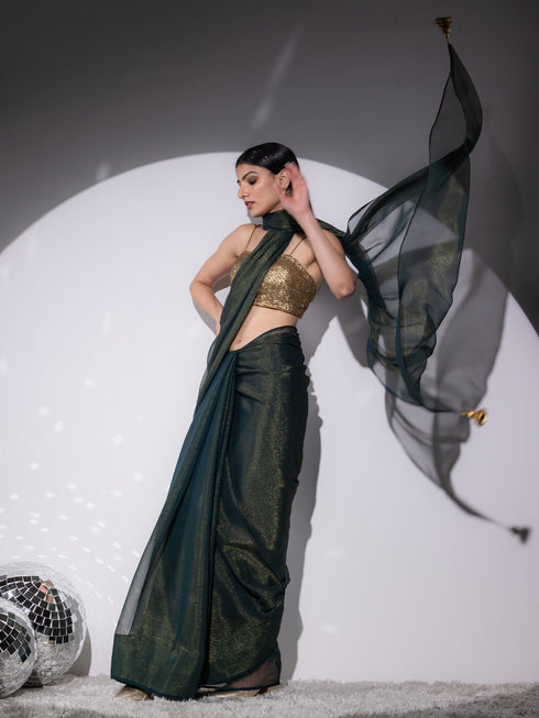 SET | Henna Shimmer & Shine Chiffon Saree with Gold Sequin Bustier - 2 Piece