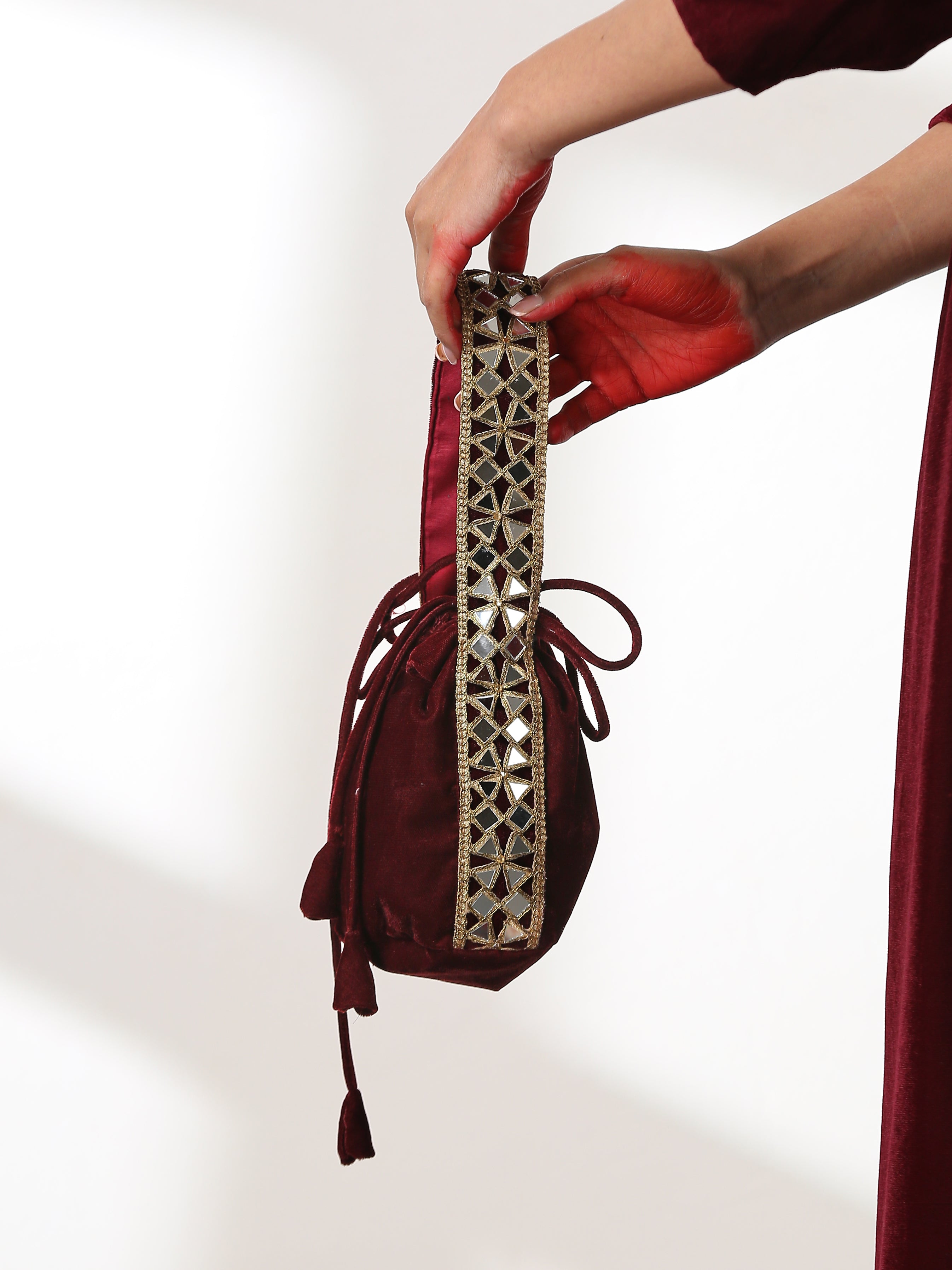 Potli Bag - Maroon velvet with mirror lace handle