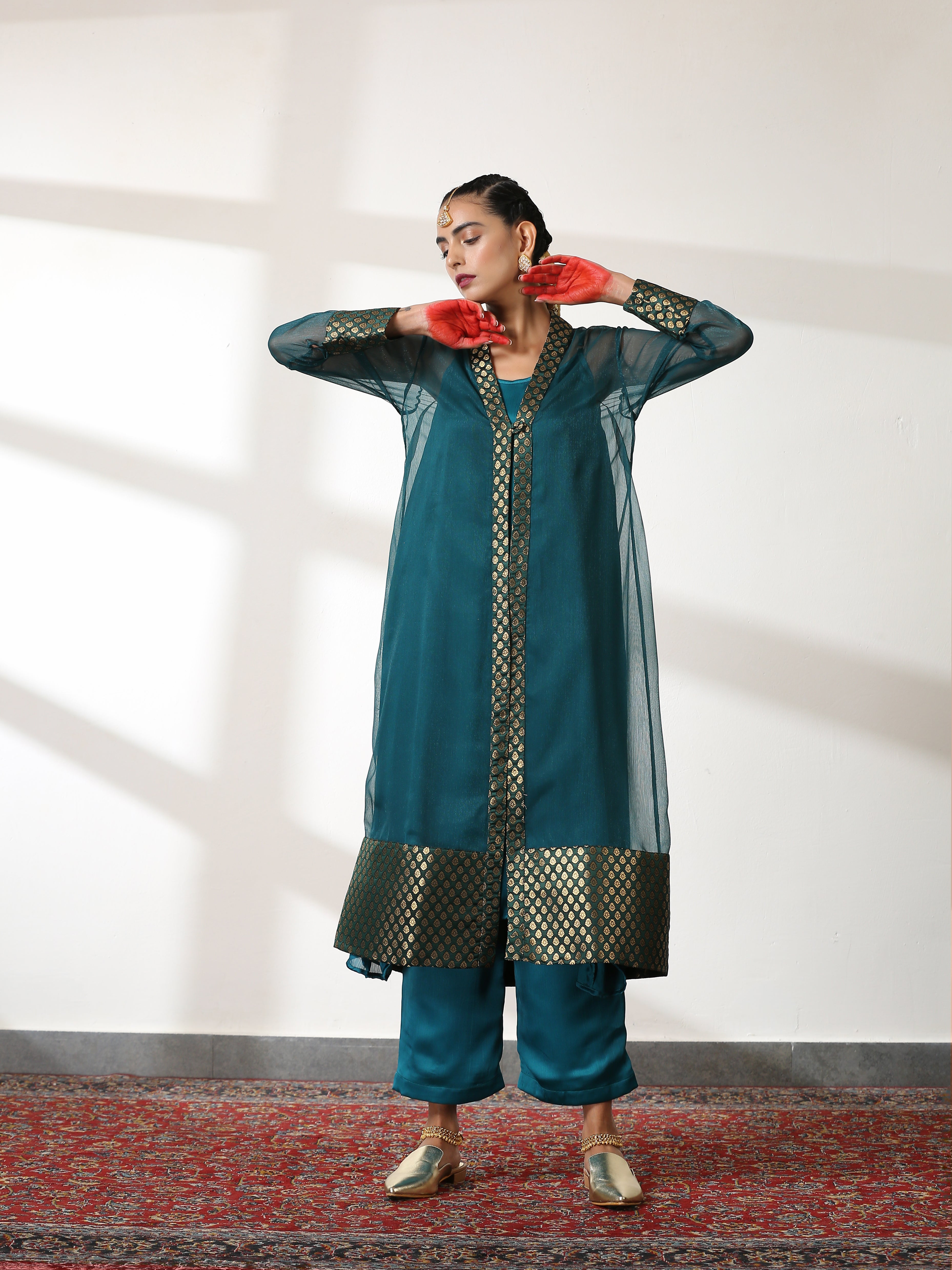 Women's Royal Green Shimmer Jacket Set with Butter Chiffon Top and Bottom 3 Piece Set | A-Line, Round Neck, Sleeveless, Pants, Partywear, (Chiffon)