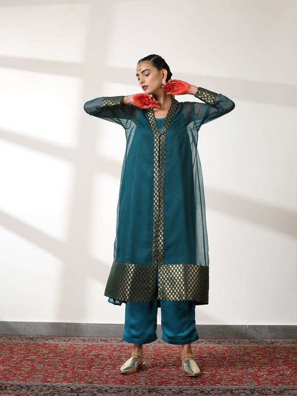 Women's Royal Green Shimmer Jacket Set with Butter Chiffon Top and Bottom 3 Piece Set | A-Line, Round Neck, Sleeveless, Pants, Partywear, (Chiffon)