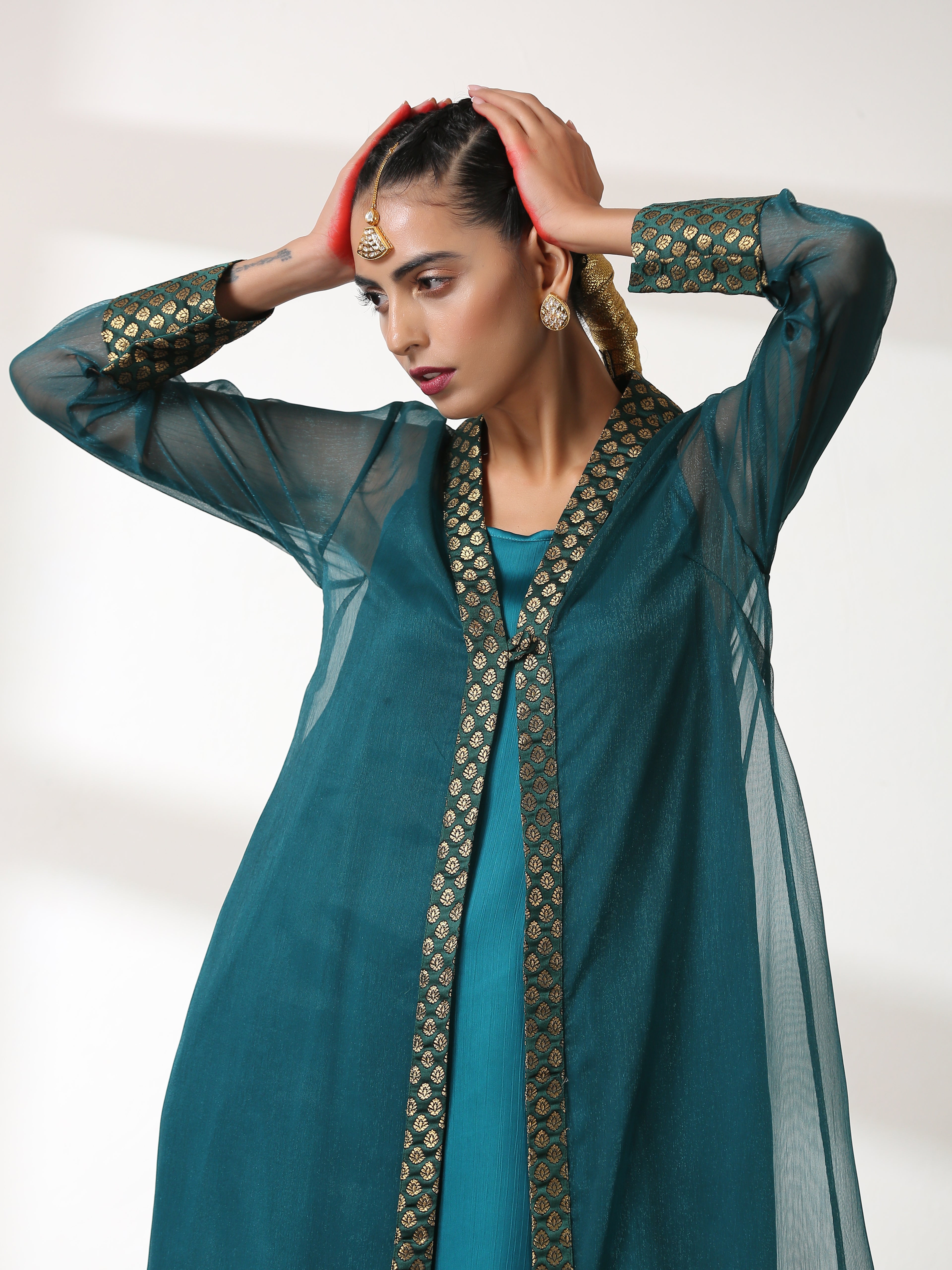 Women's Royal Green Shimmer Jacket Set with Butter Chiffon Top and Bottom 3 Piece Set | A-Line, Round Neck, Sleeveless, Pants, Partywear, (Chiffon)