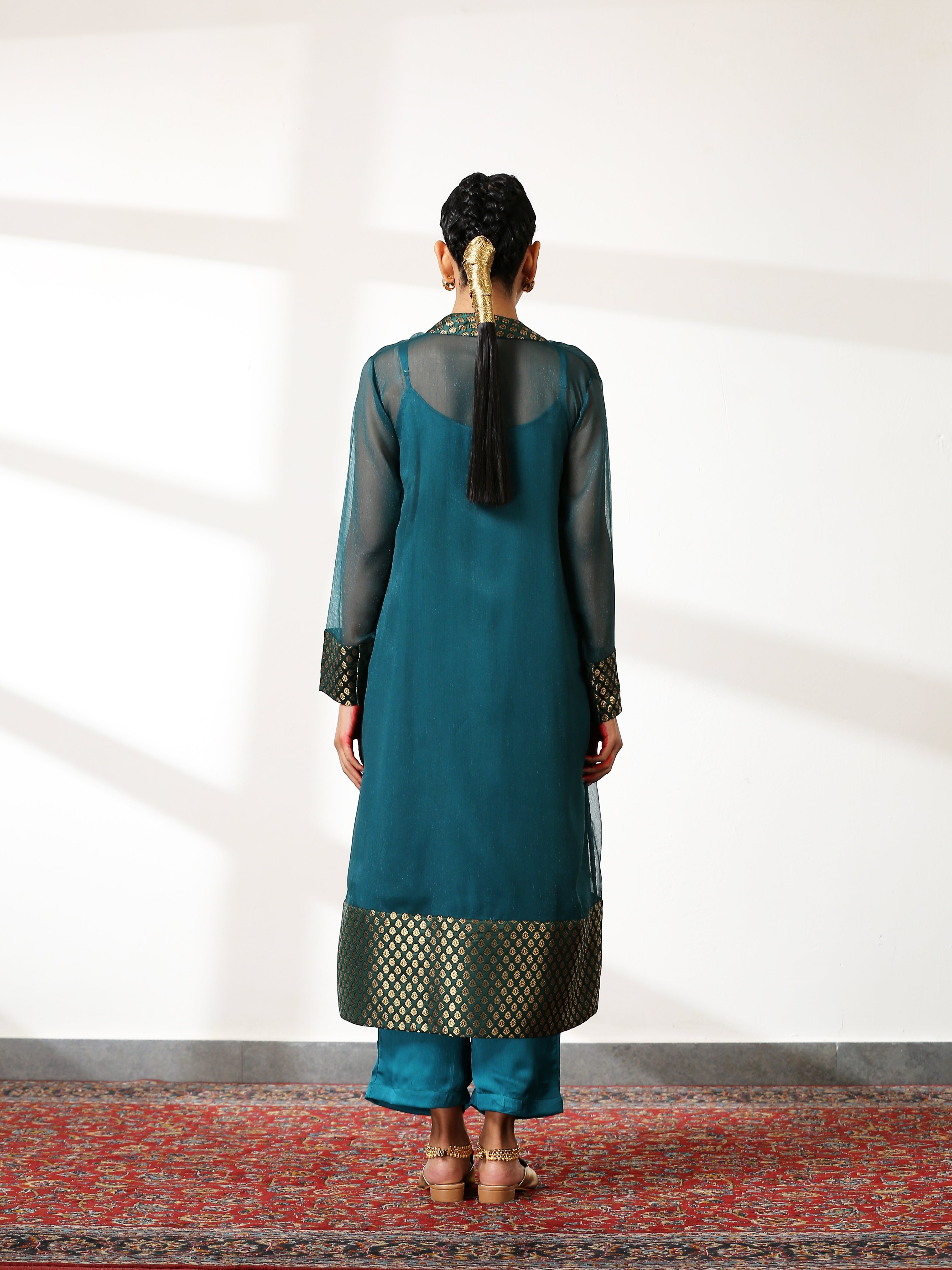 Women's Royal Green Shimmer Jacket Set with Butter Chiffon Top and Bottom 3 Piece Set | A-Line, Round Neck, Sleeveless, Pants, Partywear, (Chiffon)