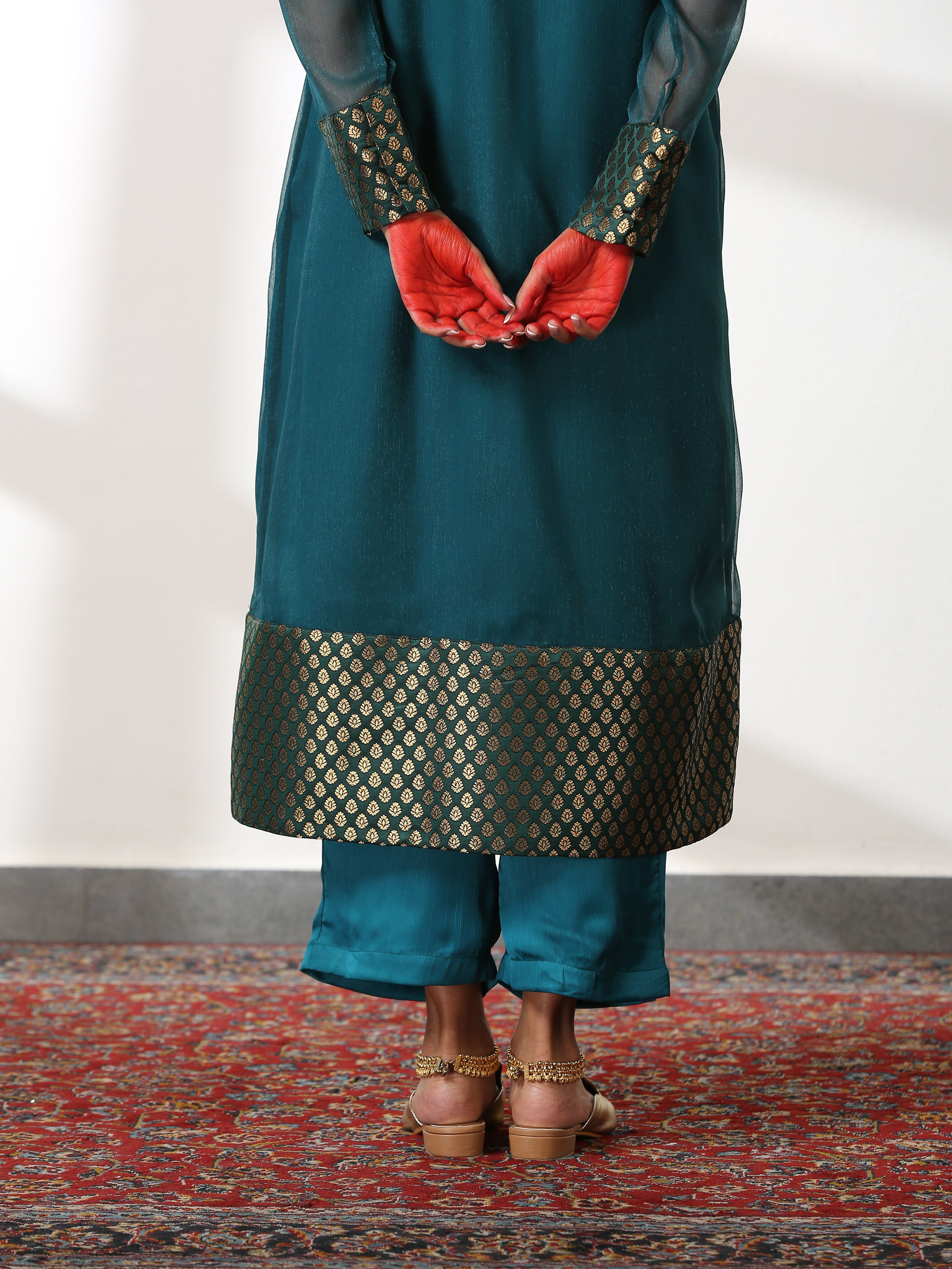 Women's Royal Green Shimmer Jacket Set with Butter Chiffon Top and Bottom 3 Piece Set | A-Line, Round Neck, Sleeveless, Pants, Partywear, (Chiffon)