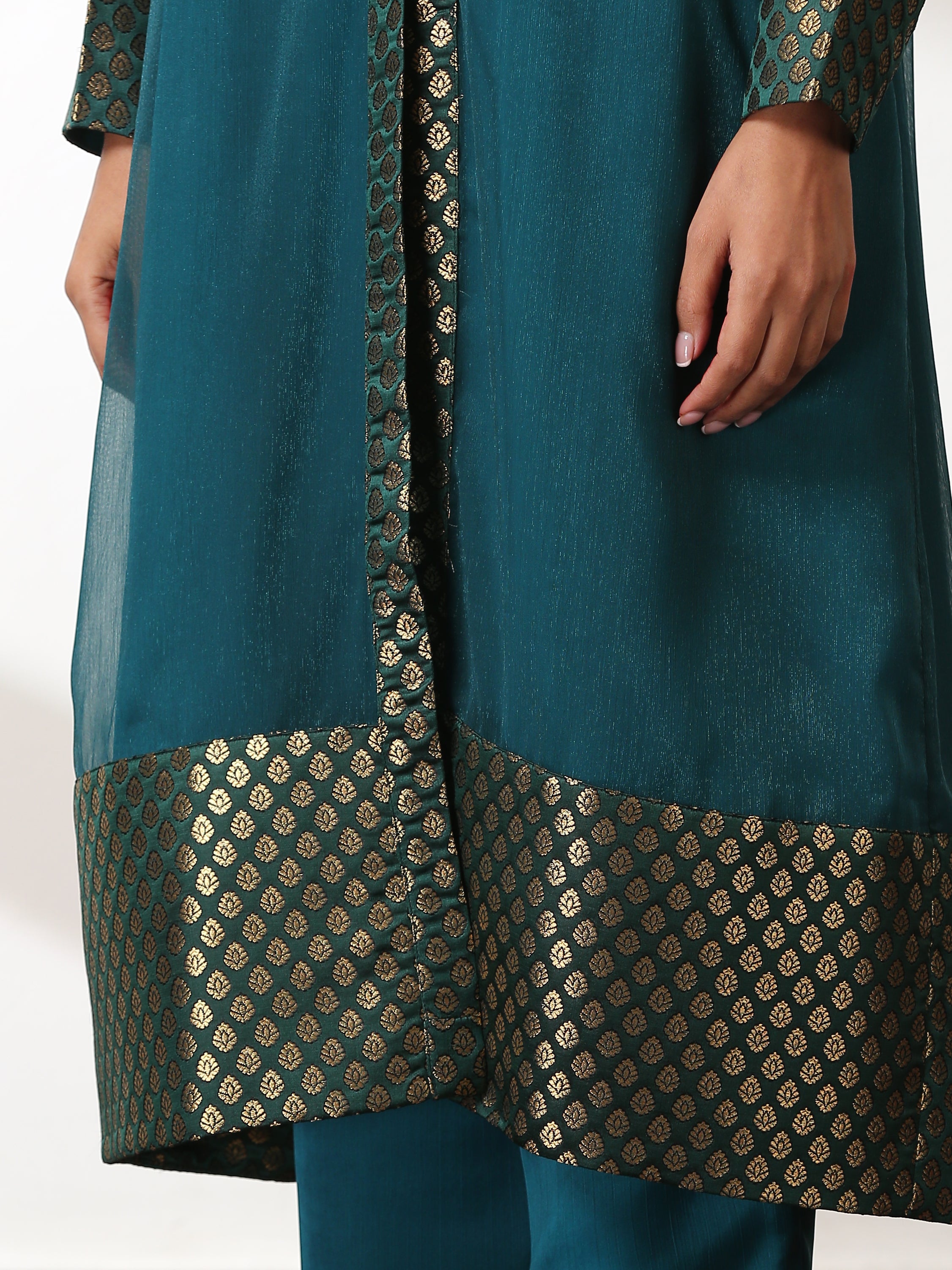 Women's Royal Green Shimmer Jacket Set with Butter Chiffon Top and Bottom 3 Piece Set | A-Line, Round Neck, Sleeveless, Pants, Partywear, (Chiffon)