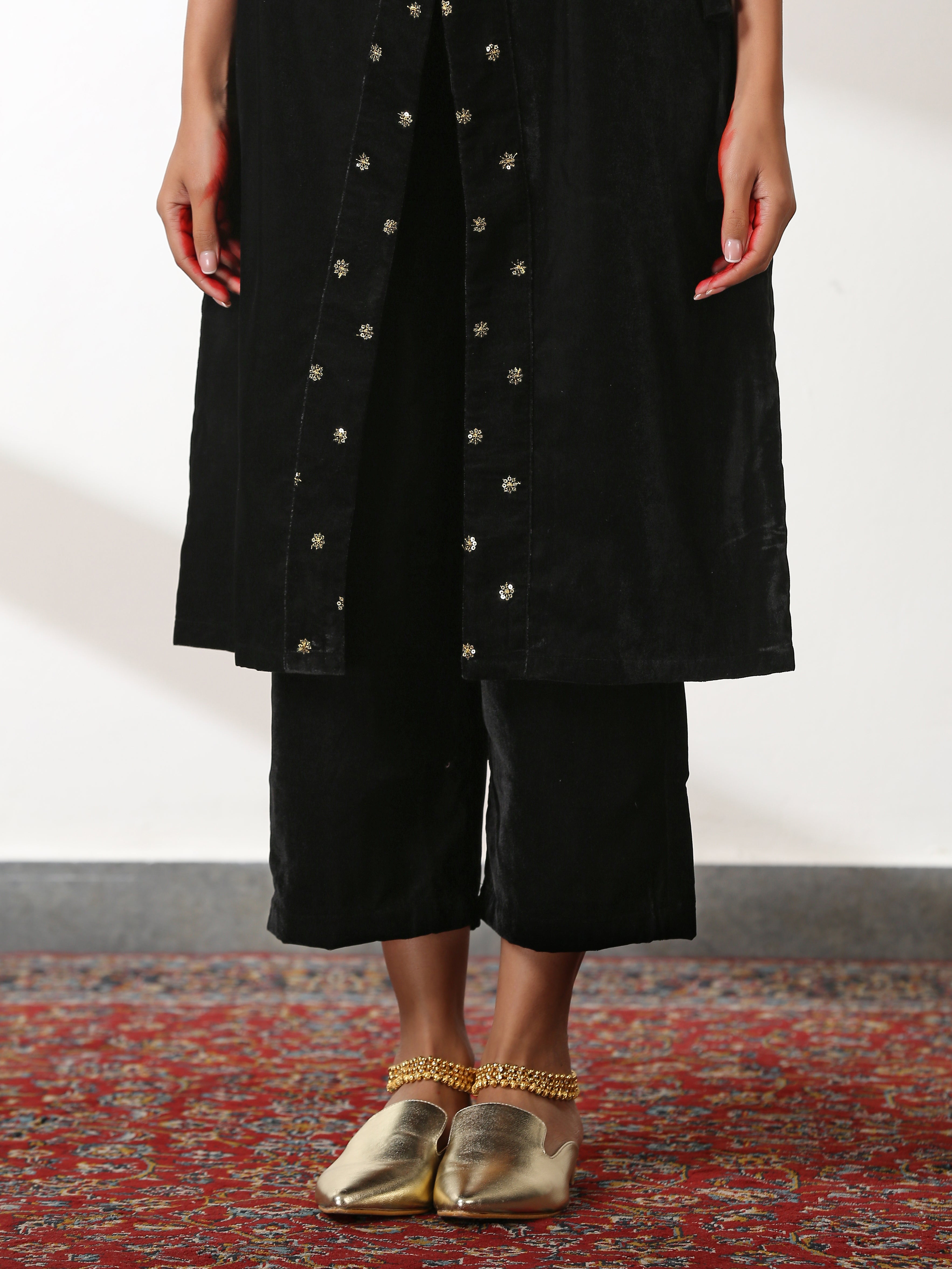 Women's Angrakha Black Velvet Top Set with Sequin Trim and Pant 2 Piece Set | Straight Fit, V Neck, 3/4 Sleeves, Pants, Partywear, (Velvet)