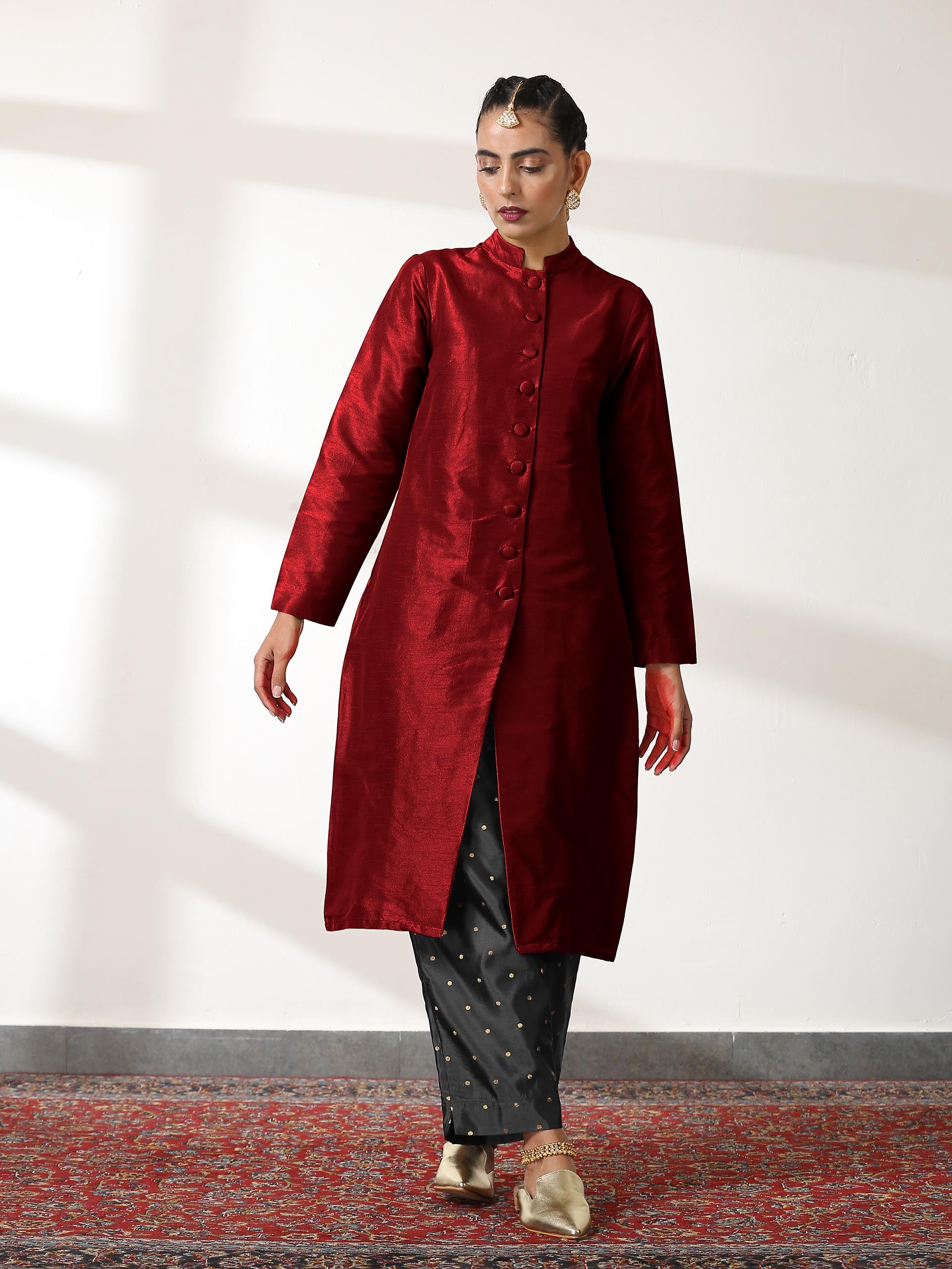 Women's Maroon Dupion Silk Blend Jacket Set with Black Brocade Pants 3 Piece Set | Straight Fit, Round Neck, Sleevesless, Pants, Festive Wear, (Silk Blend)