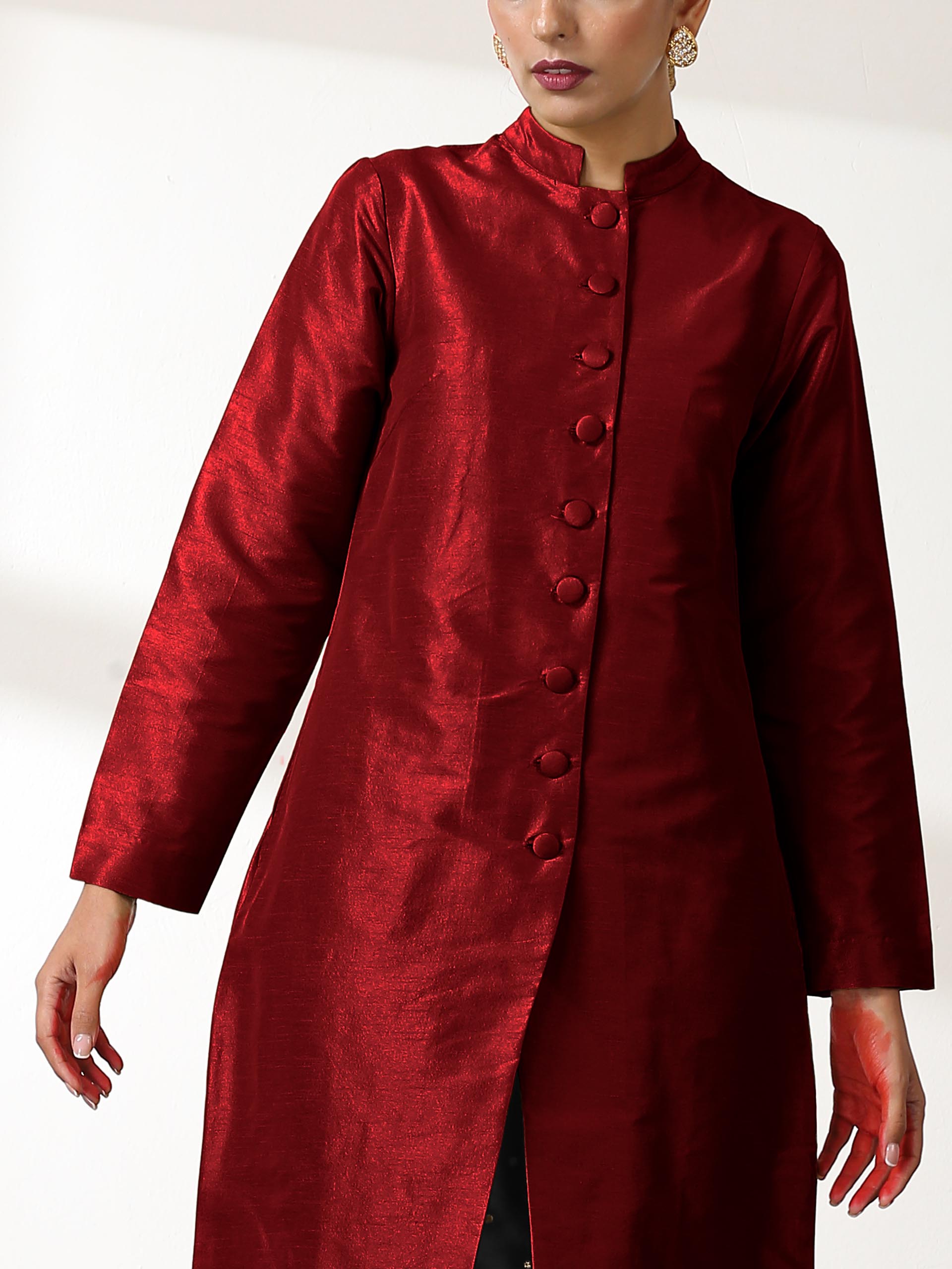 Women's Maroon Dupion Silk Blend Jacket Set with Black Brocade Pants 3 Piece Set | Straight Fit, Round Neck, Sleevesless, Pants, Festive Wear, (Silk Blend)