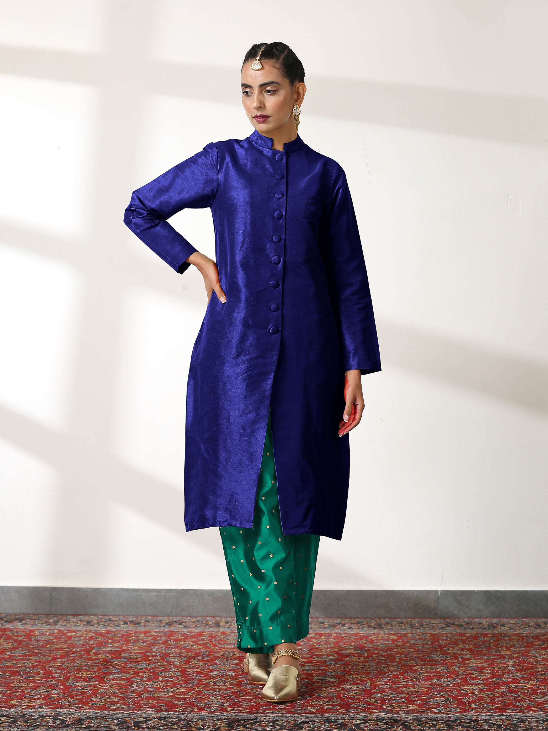 Women's Blue Dupion Silk Blend Jacket Set with Jade Green Brocade Pants 3 Piece Set | Straight Fit, Round Neck, Sleeveless, Pants, Festive Wear, (Silk Blend)