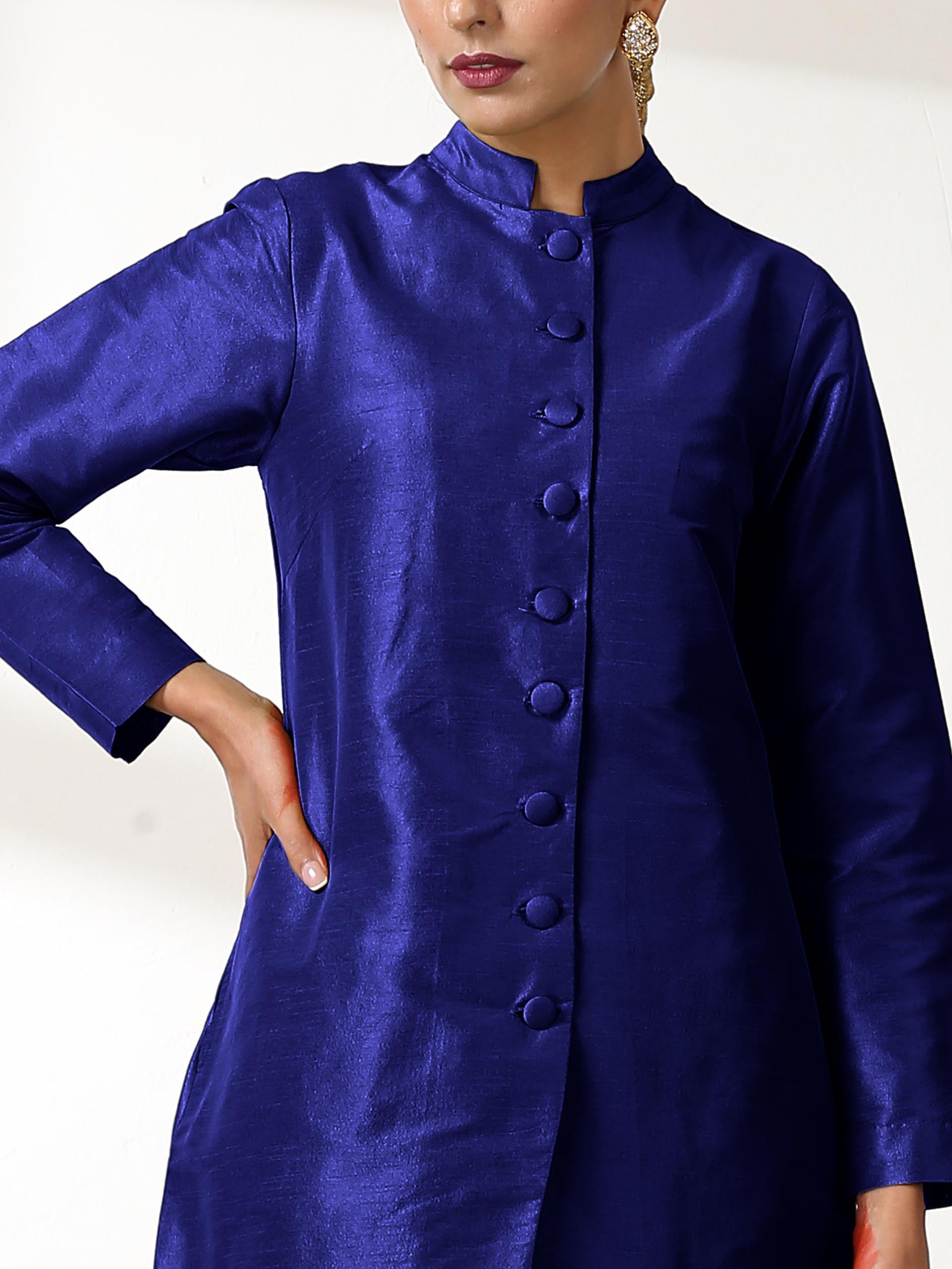 Women's Blue Dupion Silk Blend Jacket Set with Jade Green Brocade Pants 3 Piece Set | Straight Fit, Round Neck, Sleeveless, Pants, Festive Wear, (Silk Blend)