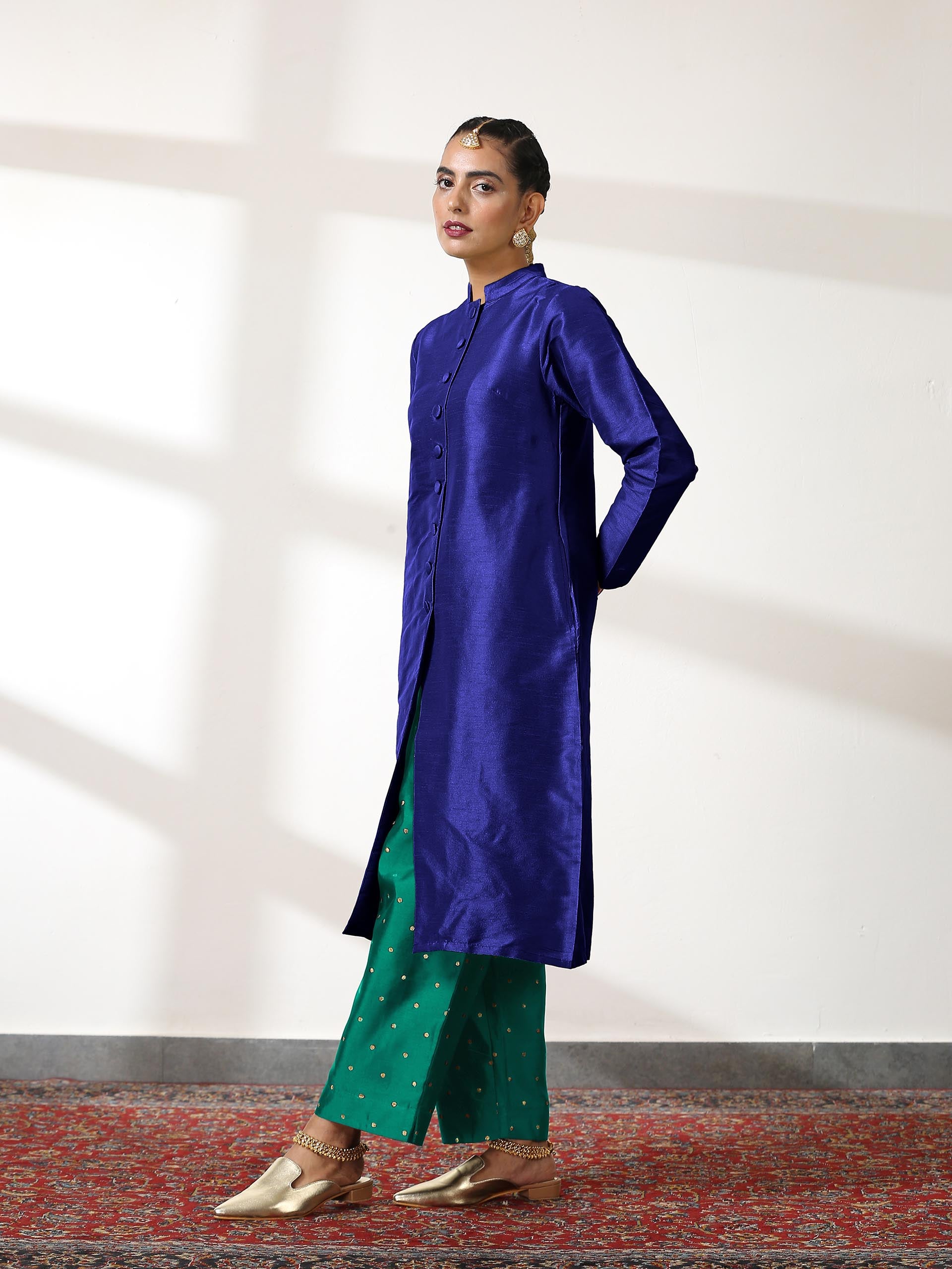 Women's Blue Dupion Silk Blend Jacket Set with Jade Green Brocade Pants 3 Piece Set | Straight Fit, Round Neck, Sleeveless, Pants, Festive Wear, (Silk Blend)