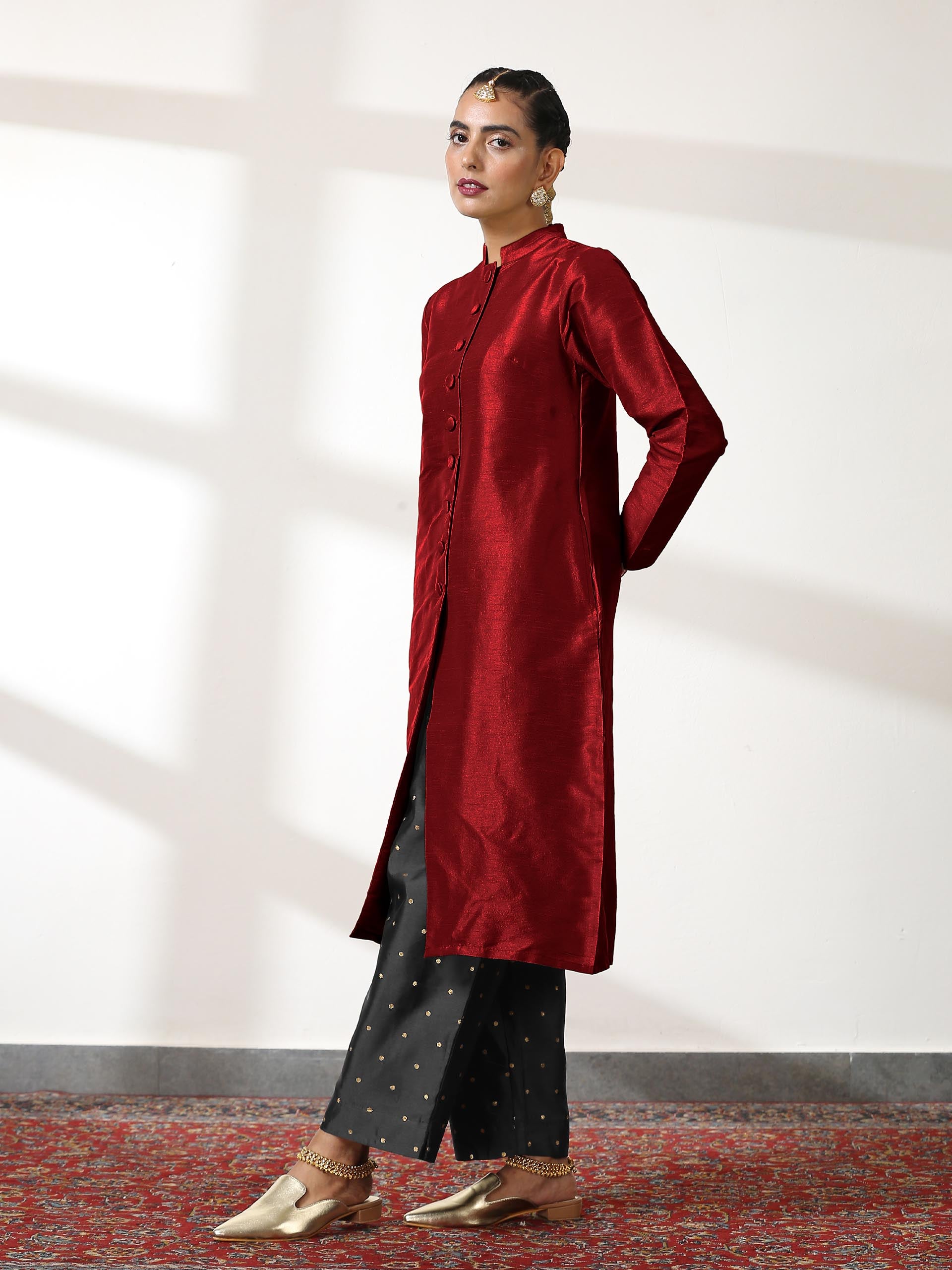 Women's Maroon Dupion Silk Blend Jacket Set with Black Brocade Pants 3 Piece Set | Straight Fit, Round Neck, Sleevesless, Pants, Festive Wear, (Silk Blend)