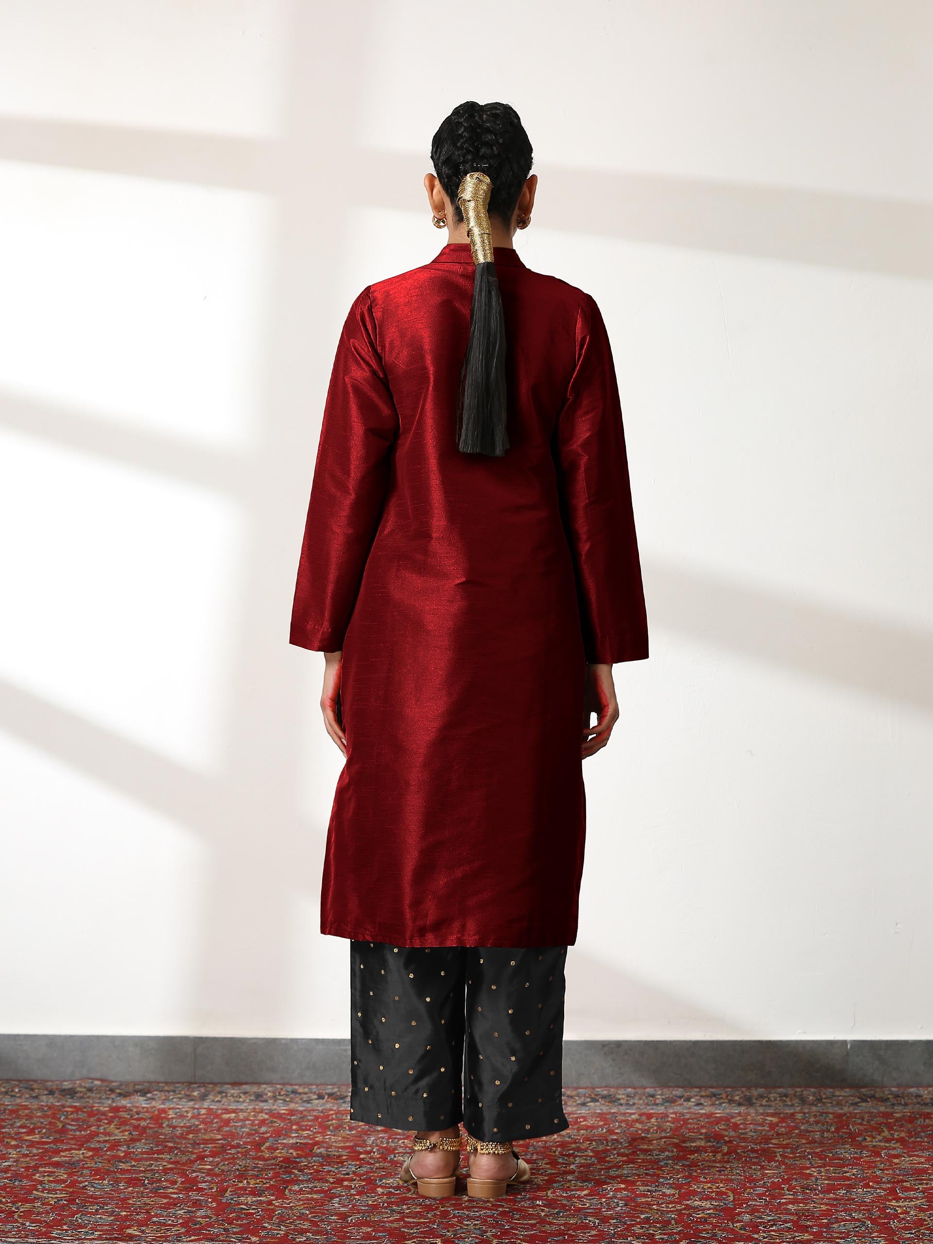 Women's Maroon Dupion Silk Blend Jacket Set with Black Brocade Pants 3 Piece Set | Straight Fit, Round Neck, Sleevesless, Pants, Festive Wear, (Silk Blend)