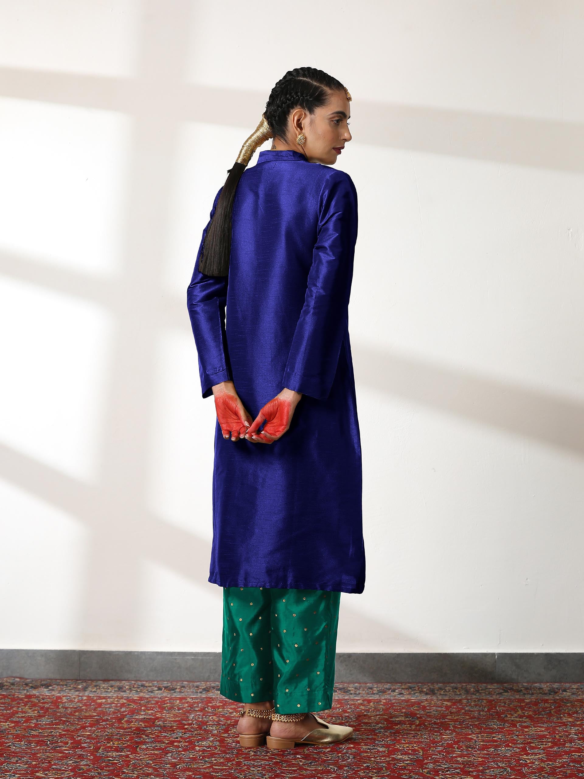 Women's Blue Dupion Silk Blend Jacket Set with Jade Green Brocade Pants 3 Piece Set | Straight Fit, Round Neck, Sleeveless, Pants, Festive Wear, (Silk Blend)