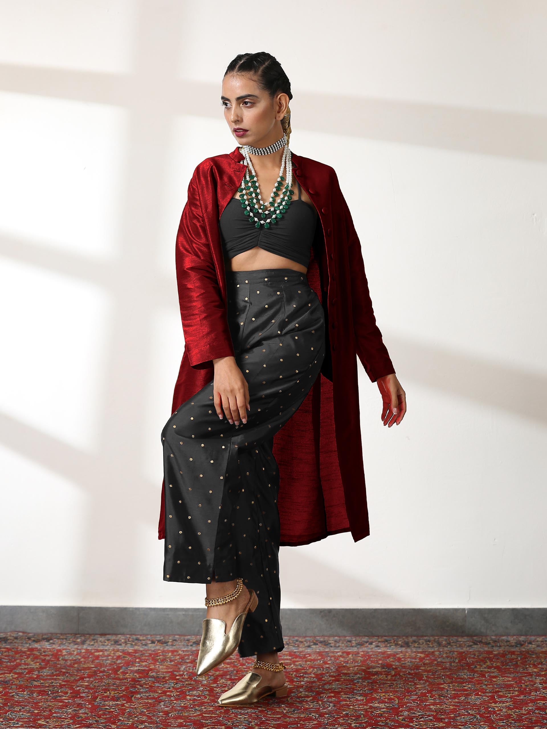 Women's Maroon Dupion Silk Blend Jacket Set with Black Brocade Pants 3 Piece Set | Straight Fit, Round Neck, Sleevesless, Pants, Festive Wear, (Silk Blend)