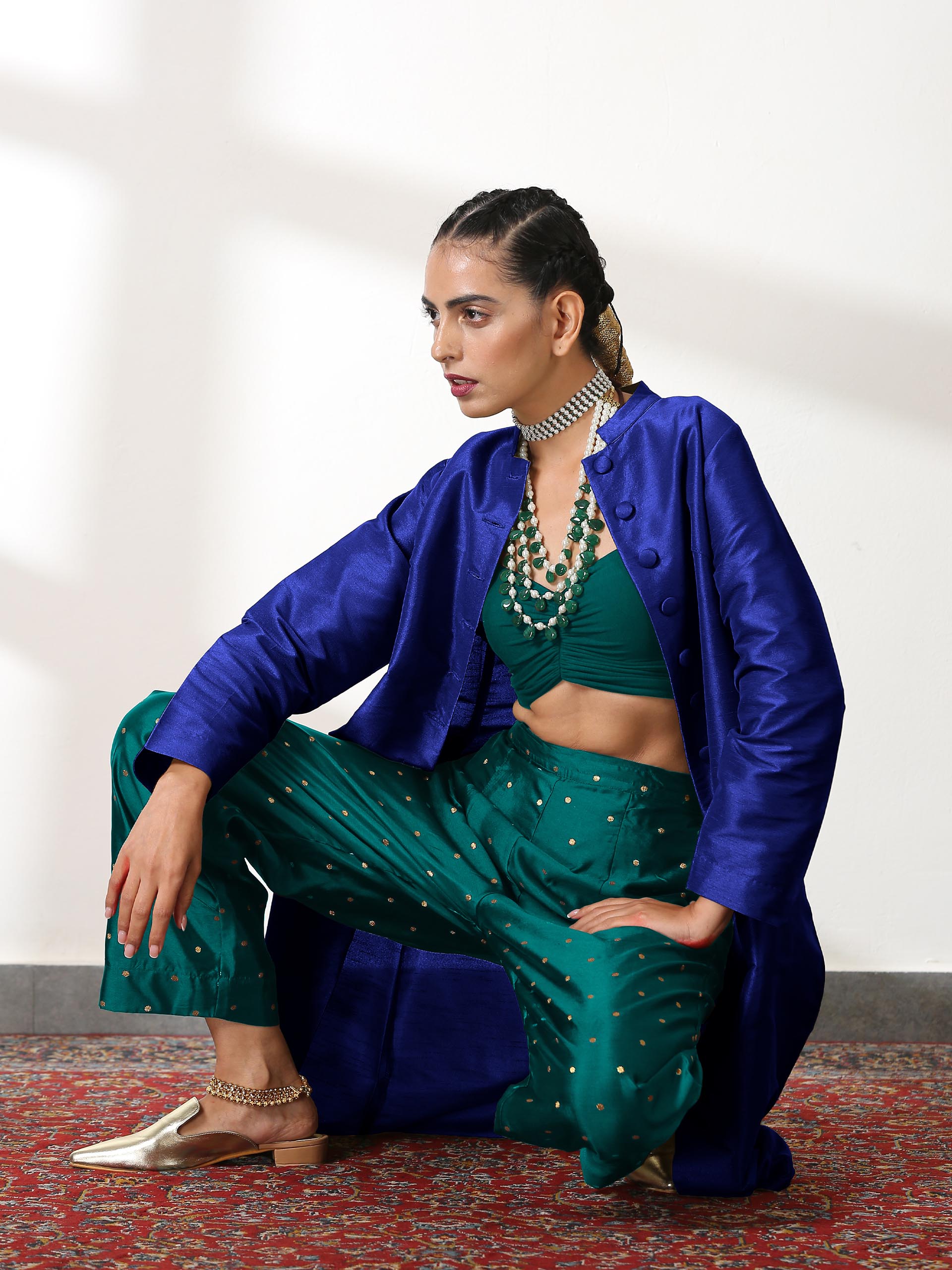 Women's Blue Dupion Silk Blend Jacket Set with Jade Green Brocade Pants 3 Piece Set | Straight Fit, Round Neck, Sleeveless, Pants, Festive Wear, (Silk Blend)