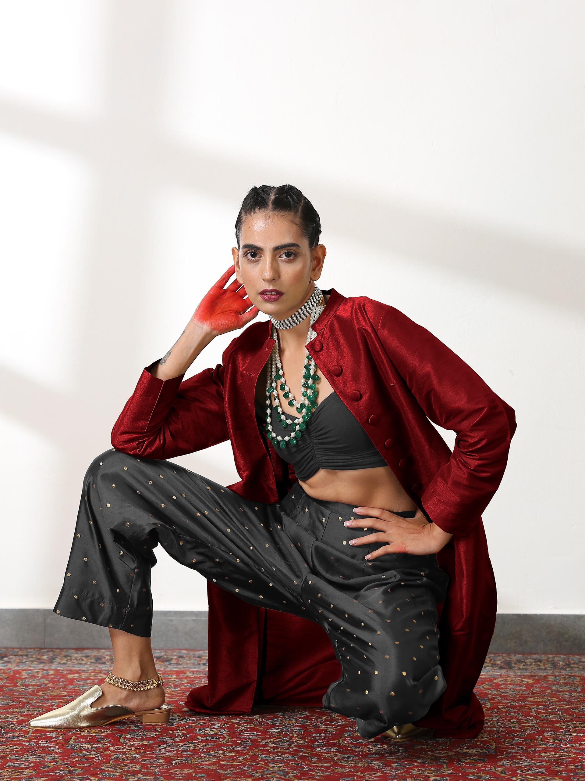 Women's Maroon Dupion Silk Blend Jacket Set with Black Brocade Pants 3 Piece Set | Straight Fit, Round Neck, Sleevesless, Pants, Festive Wear, (Silk Blend)