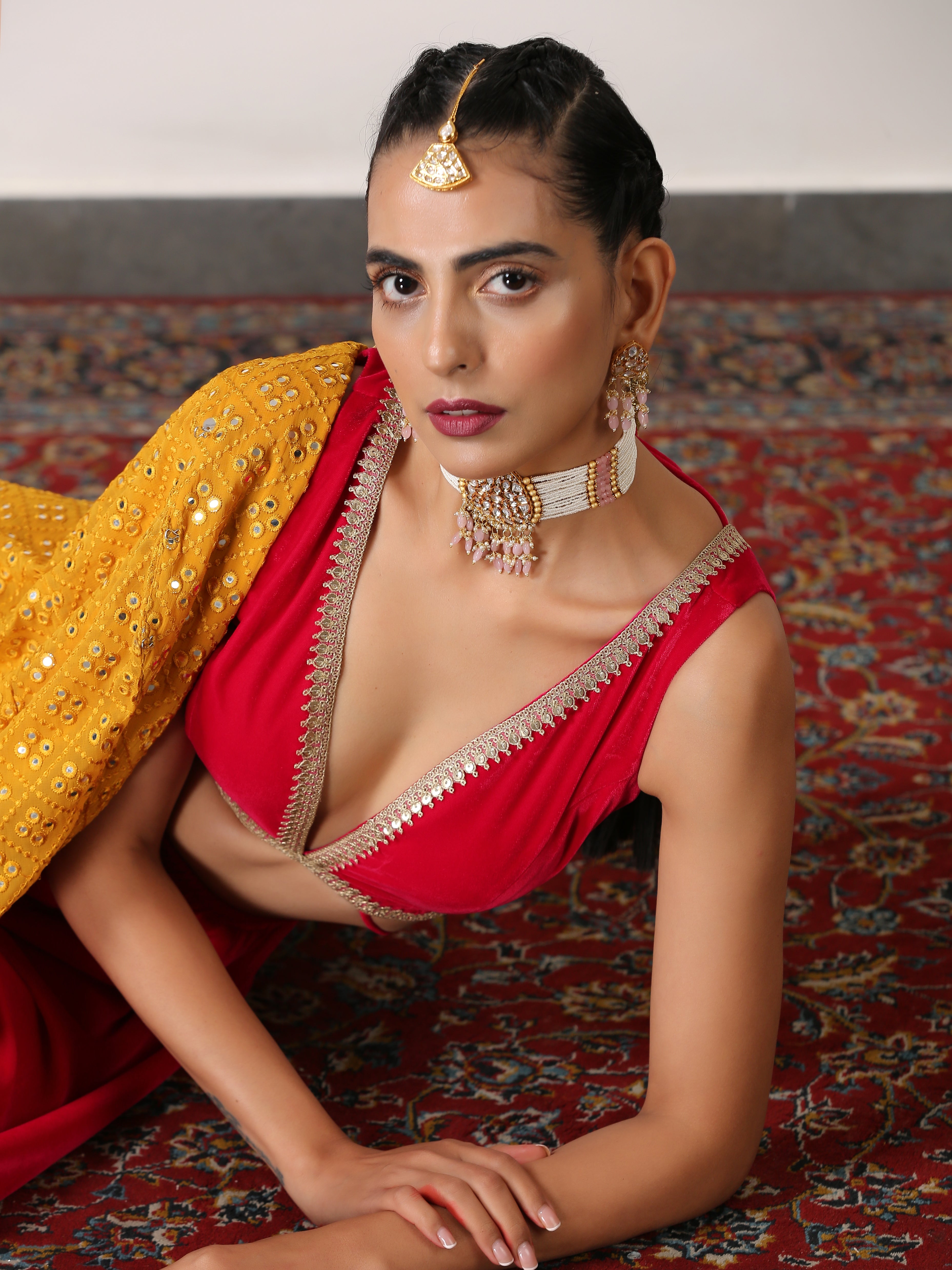 Mustard Shawl With All Over Parallel Embroidery