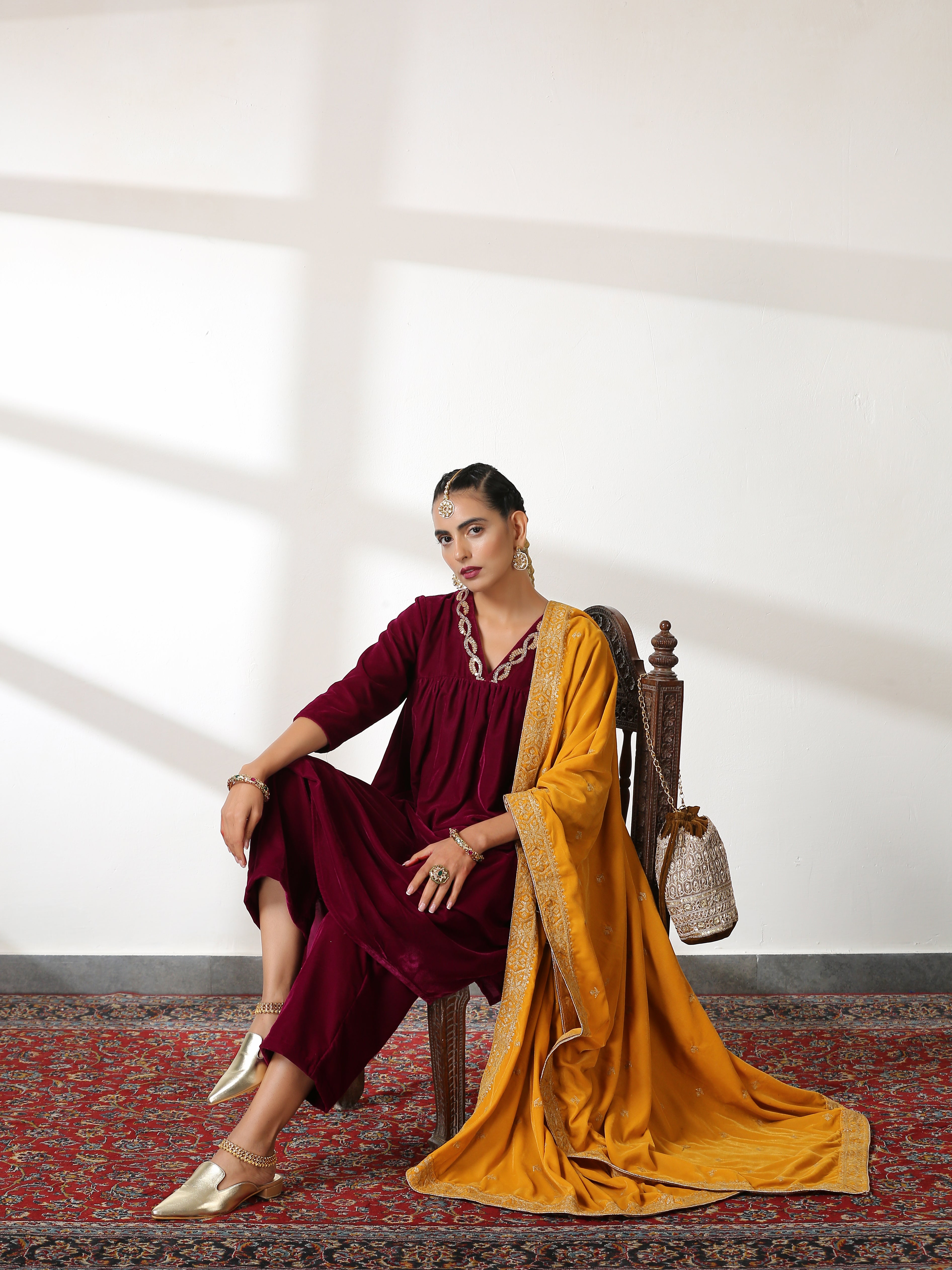 Mustard Shawl With All Over Parallel Embroidery