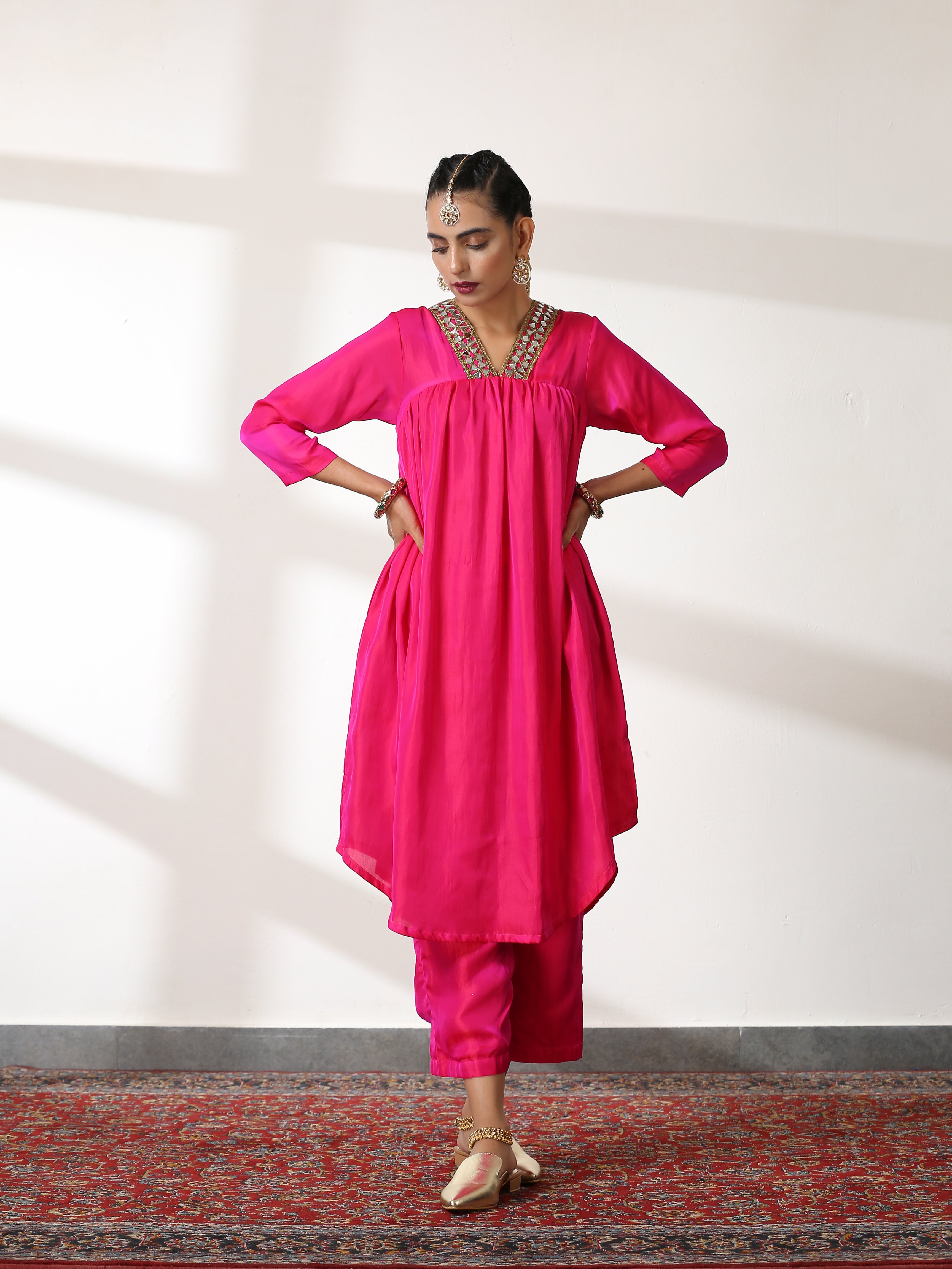 Women's Fuchsia Kurta Set with Mirror Lace and Pants 2 Piece Set | Straight Fit, V Neck, 3/4 Sleeves, Pants, Festive Wear, (Satin)