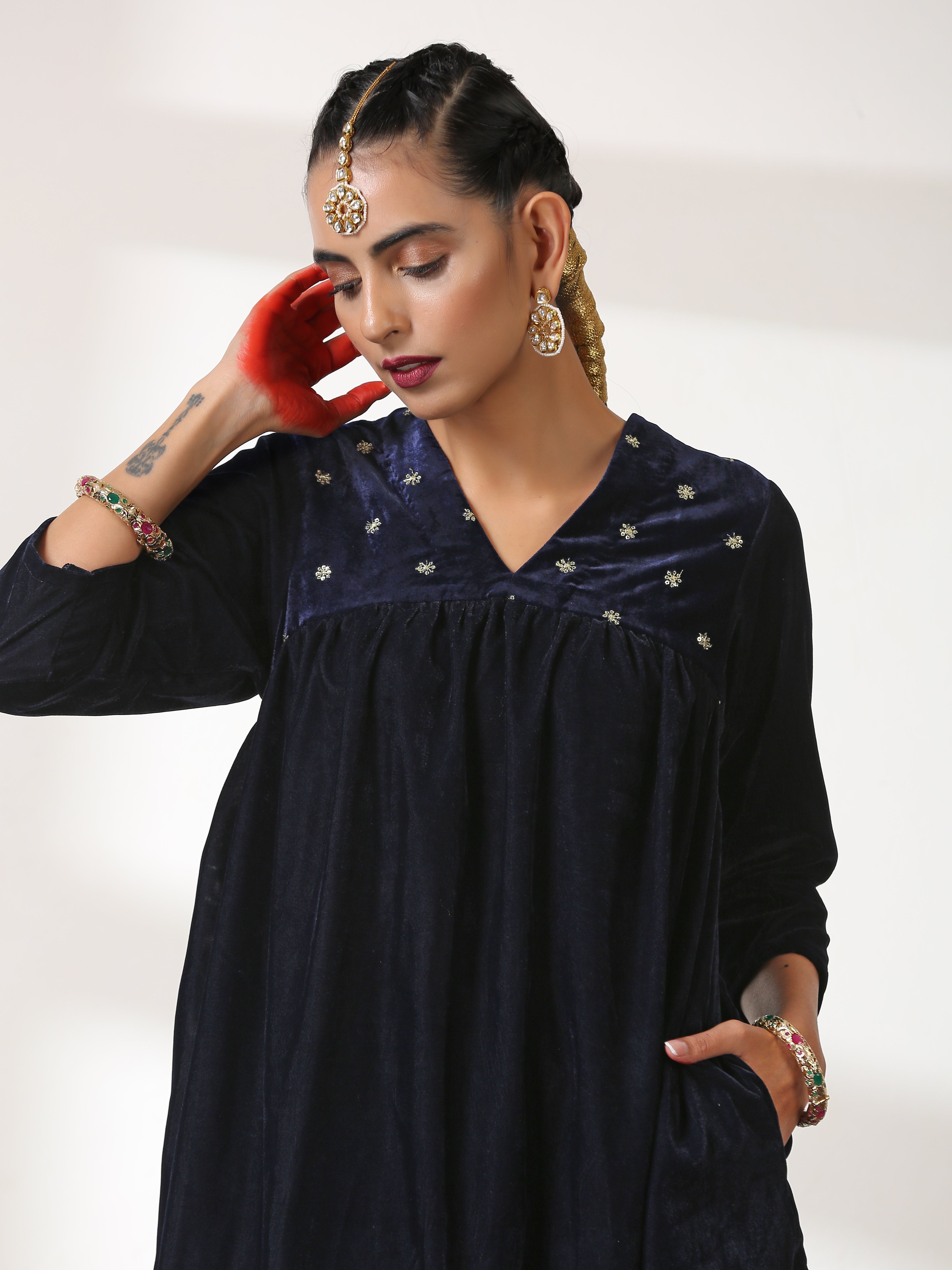 Women's Azure Velvet Kurta with Sequined Yoke and Pants 2 Piece Set | Straight Fit, V Neck, 3/4 Sleeves, Pants, Festive Wear, (Velvet)