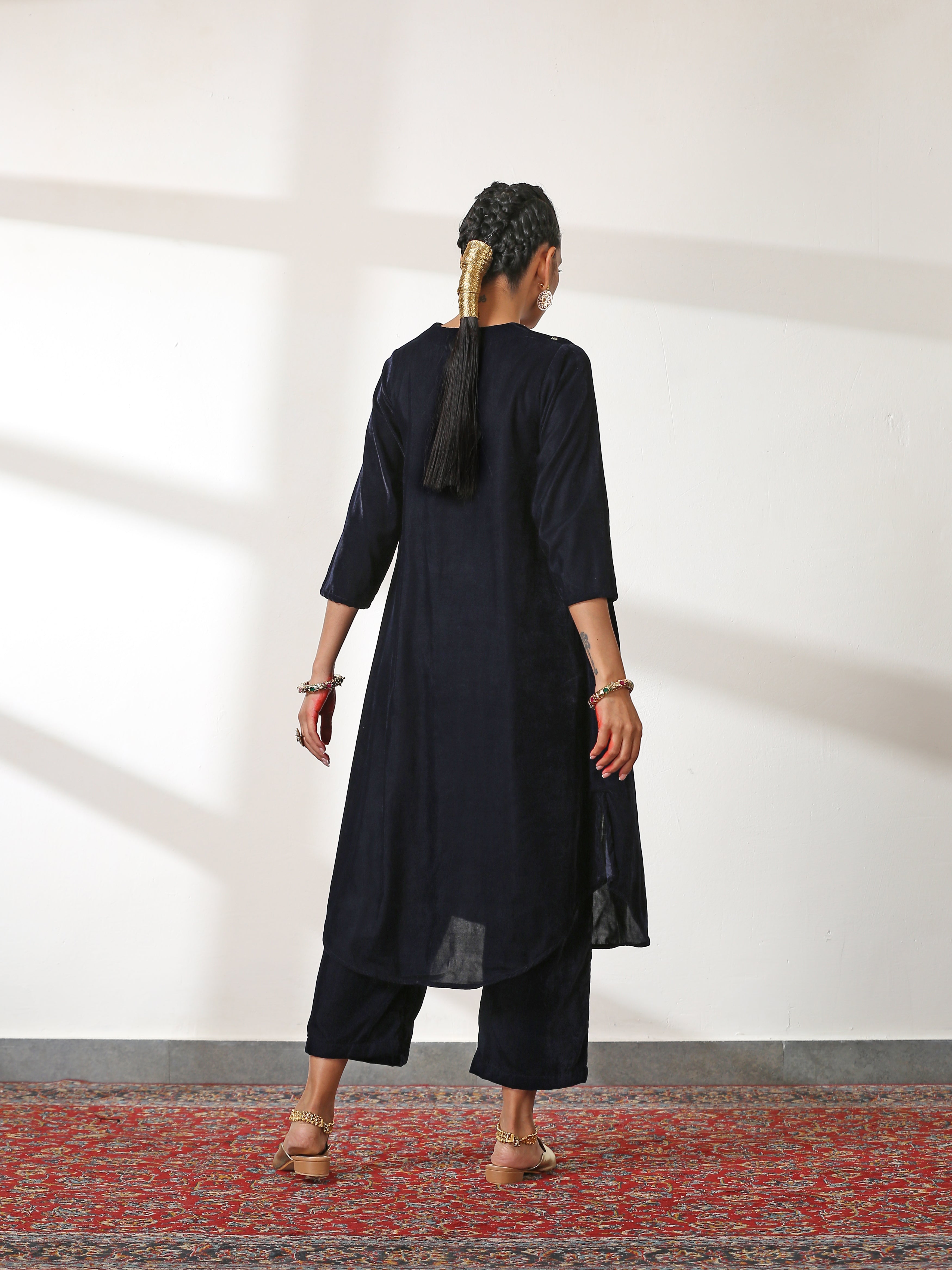 Women's Azure Velvet Kurta with Sequined Yoke and Pants 2 Piece Set | Straight Fit, V Neck, 3/4 Sleeves, Pants, Festive Wear, (Velvet)