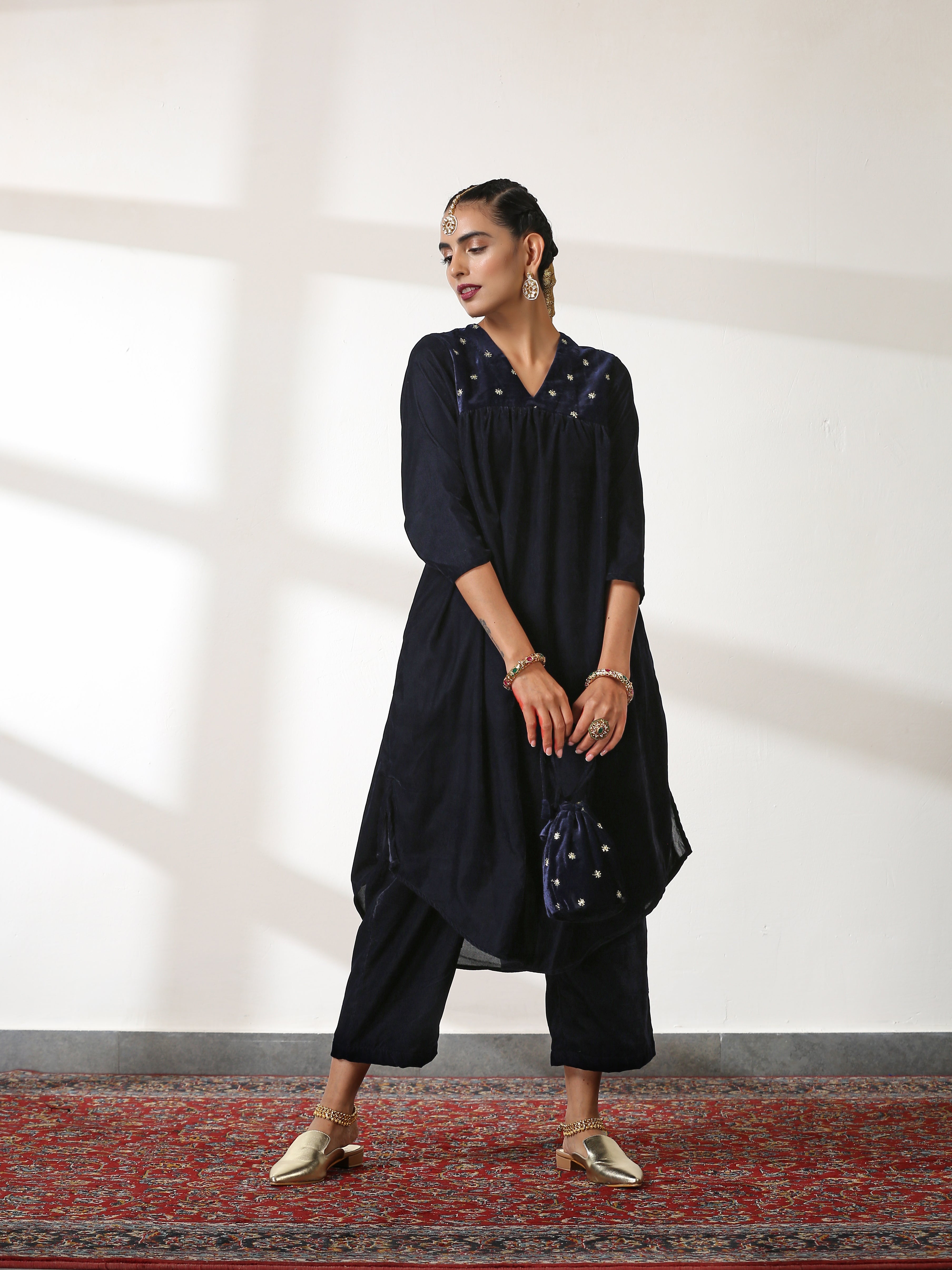 Women's Azure Velvet Kurta with Sequined Yoke and Pants 2 Piece Set | Straight Fit, V Neck, 3/4 Sleeves, Pants, Festive Wear, (Velvet)