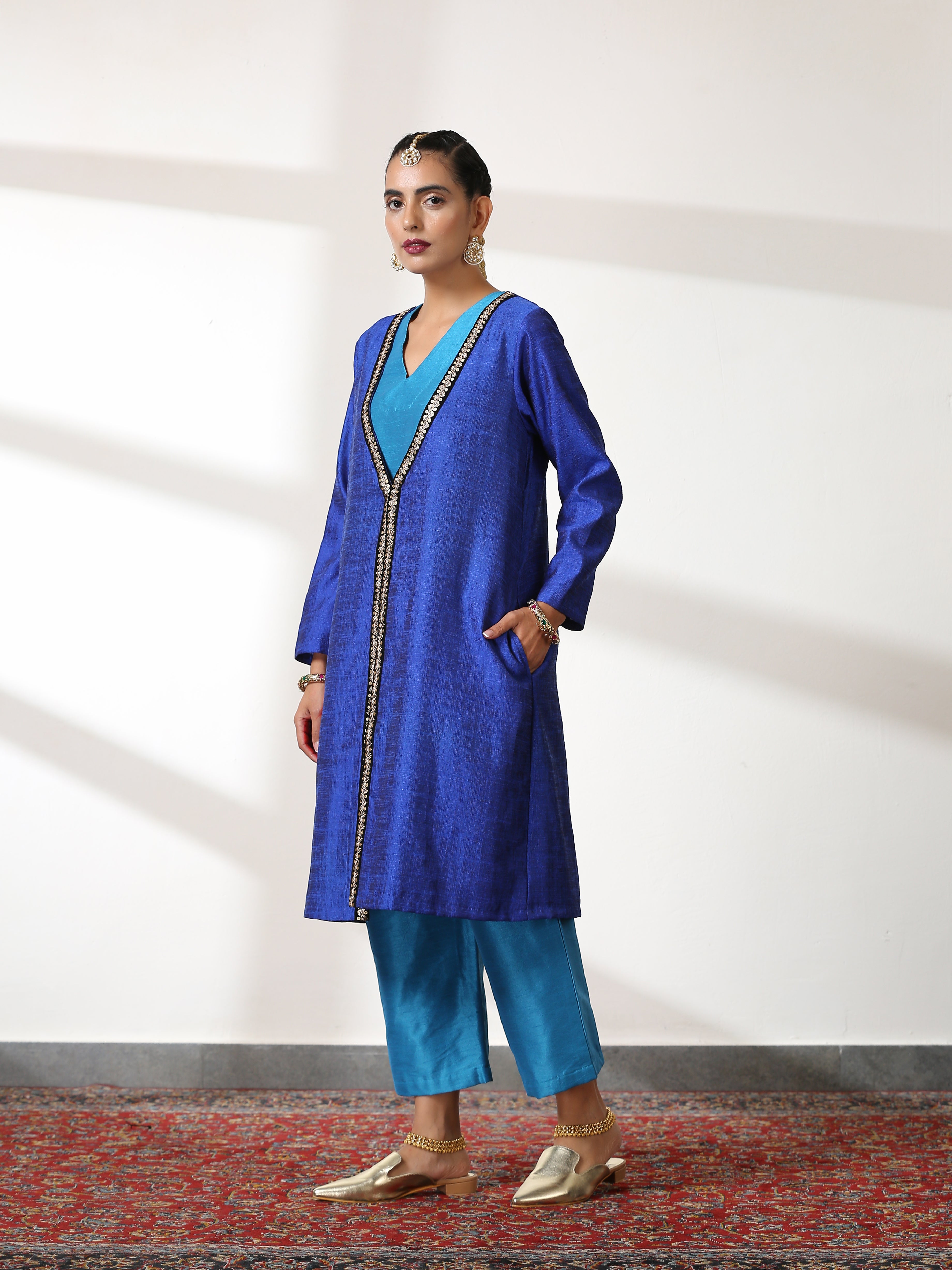 Women's Teal Dupion Silk Blend Top Set with Pants 2 Piece Set | Straight Fit, V Neck, Sleeveless, Pants, Workwear, (Silk Blend)