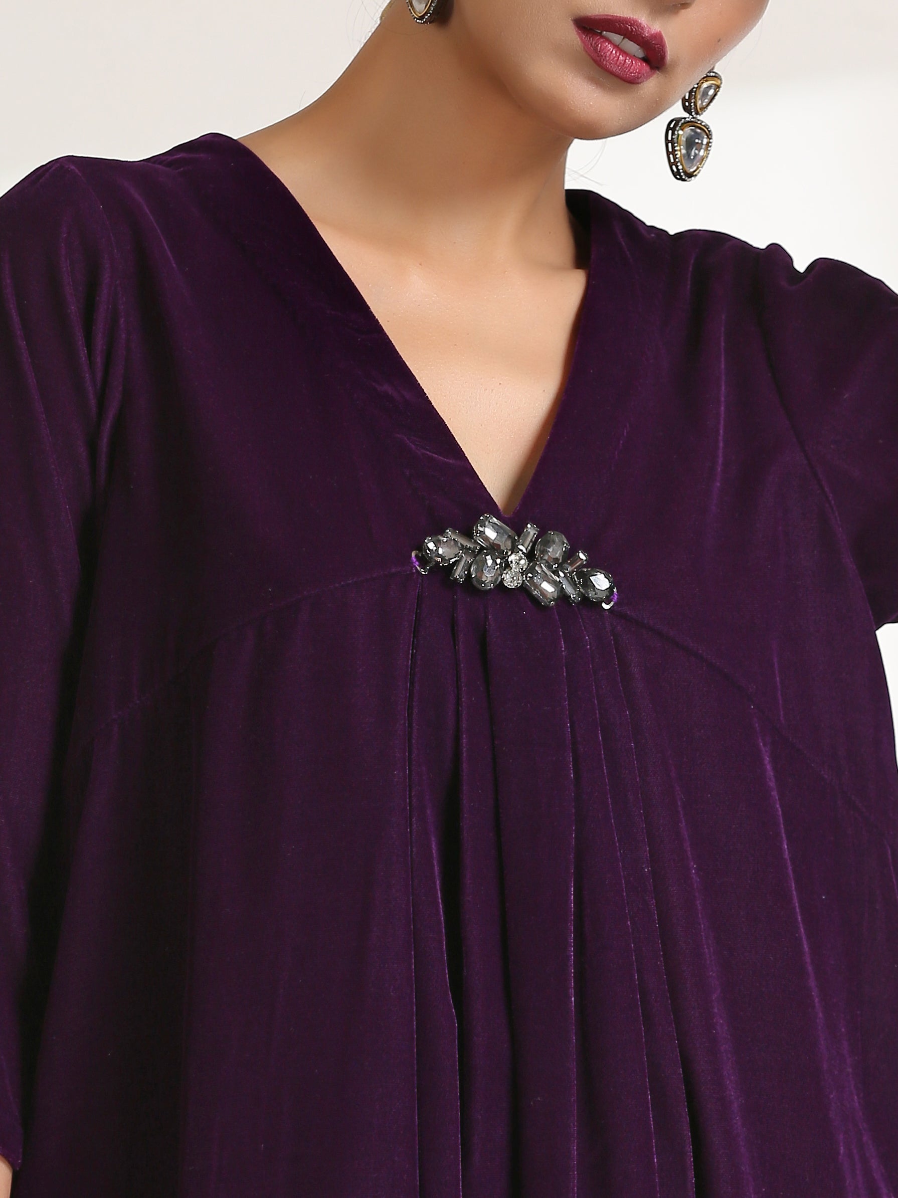 Women's Plush Velvet Top with Bottom and Glass Brooch 2 Piece Set | Straight Fit, V Neck, Full Sleeves, Pants, Festive Wear, (Velvet)