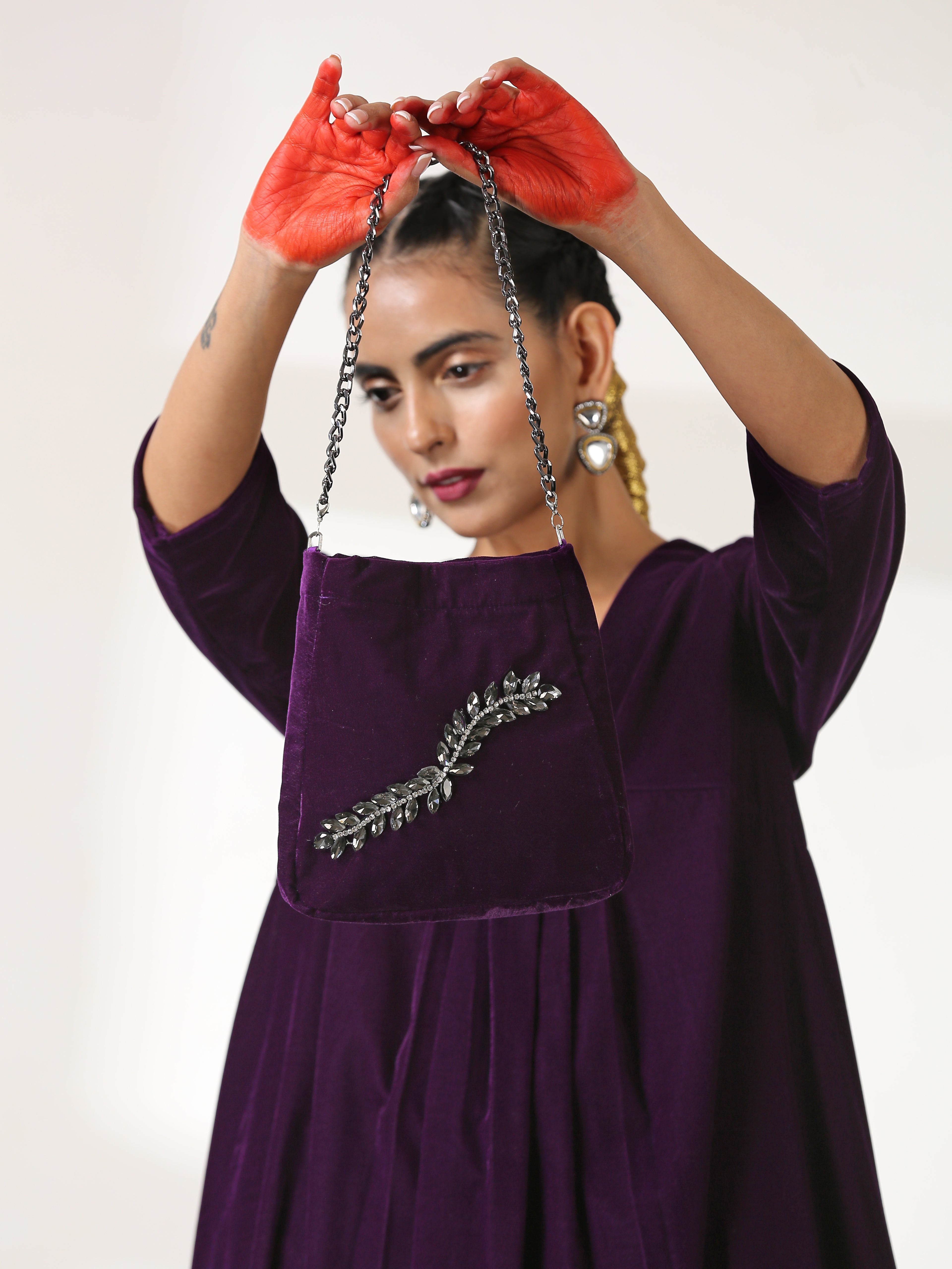 Bag Potli - Purple with Bronze Glass patch & Metal Handle