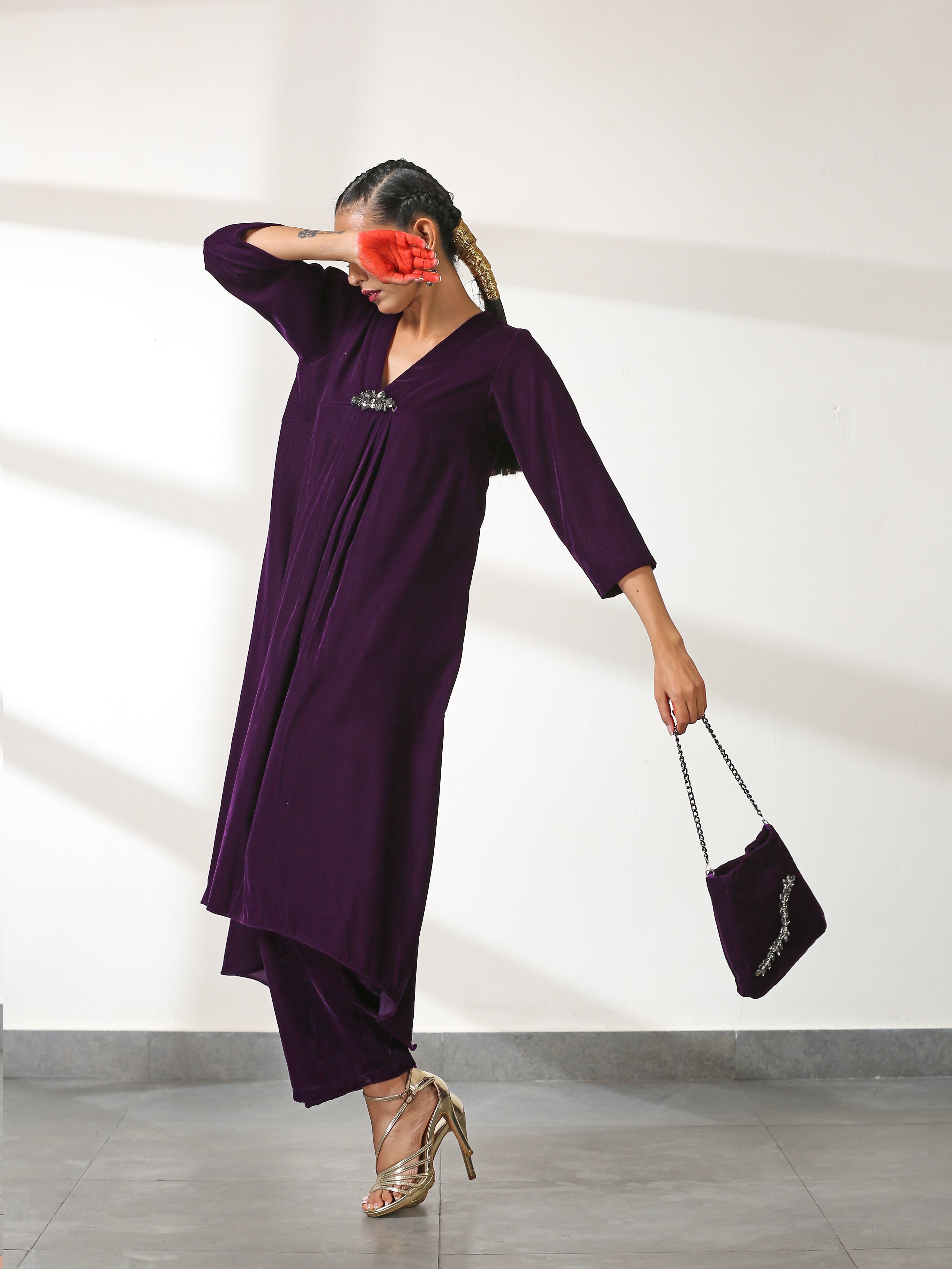 Bag Potli - Purple with Bronze Glass patch & Metal Handle