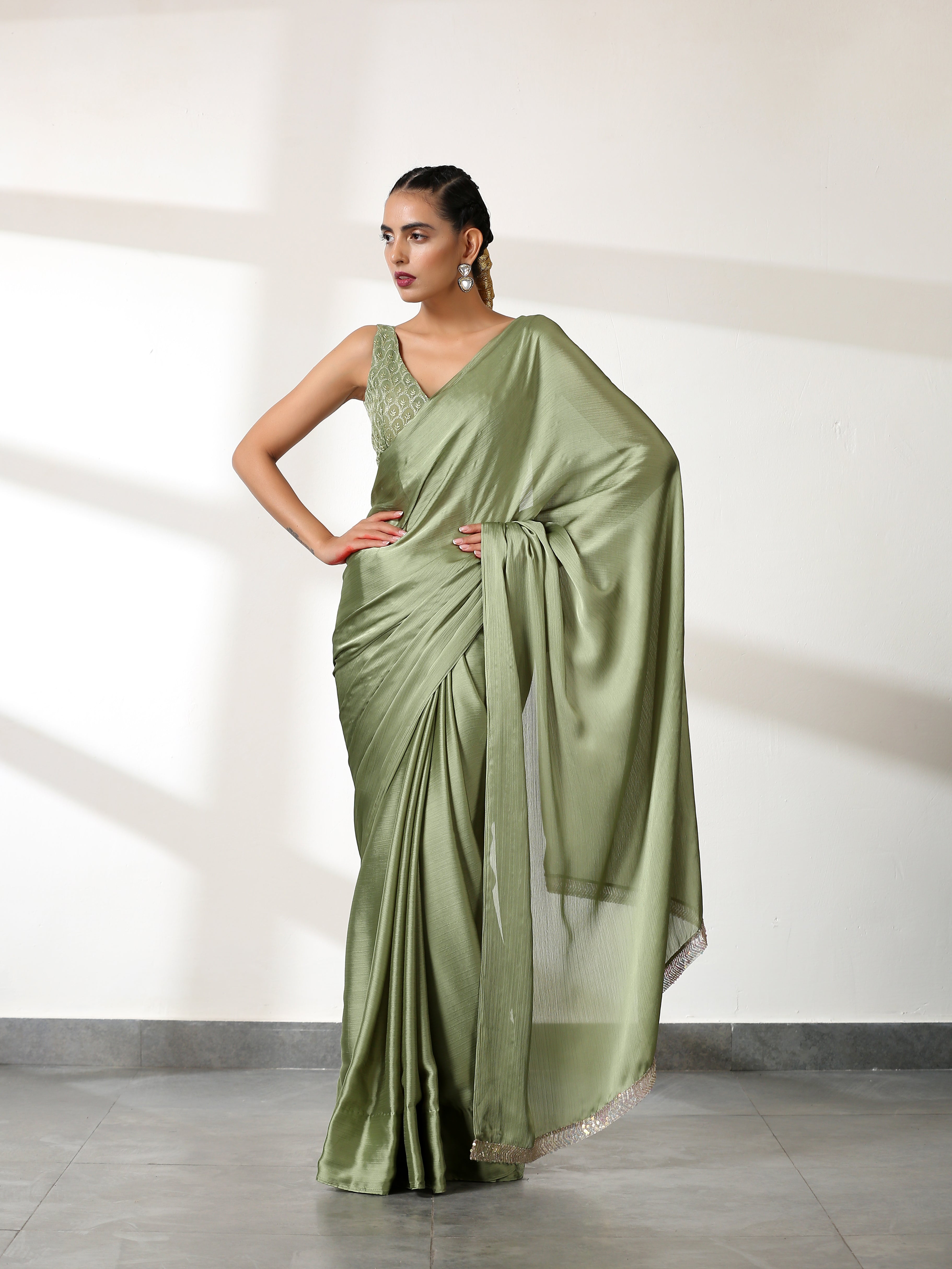 Kiwi Green Butter Chiffon Saree with Embroidered Blouse Fabric
