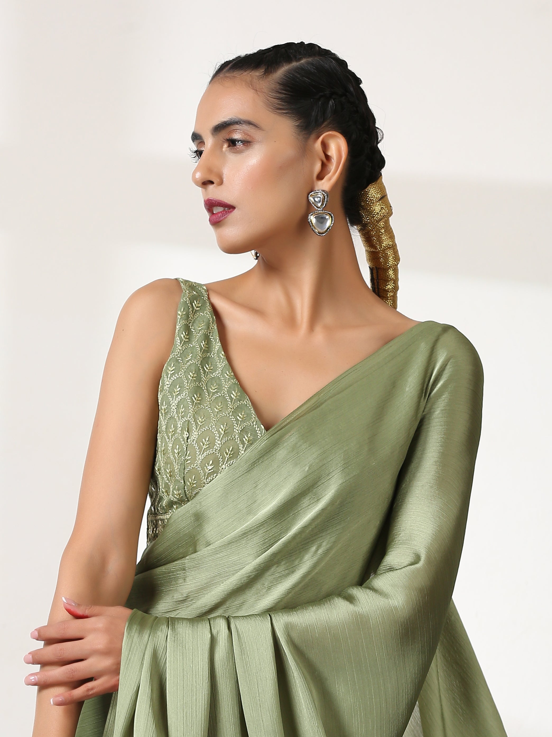 Kiwi Green Butter Chiffon Saree with Embroidered Blouse Fabric