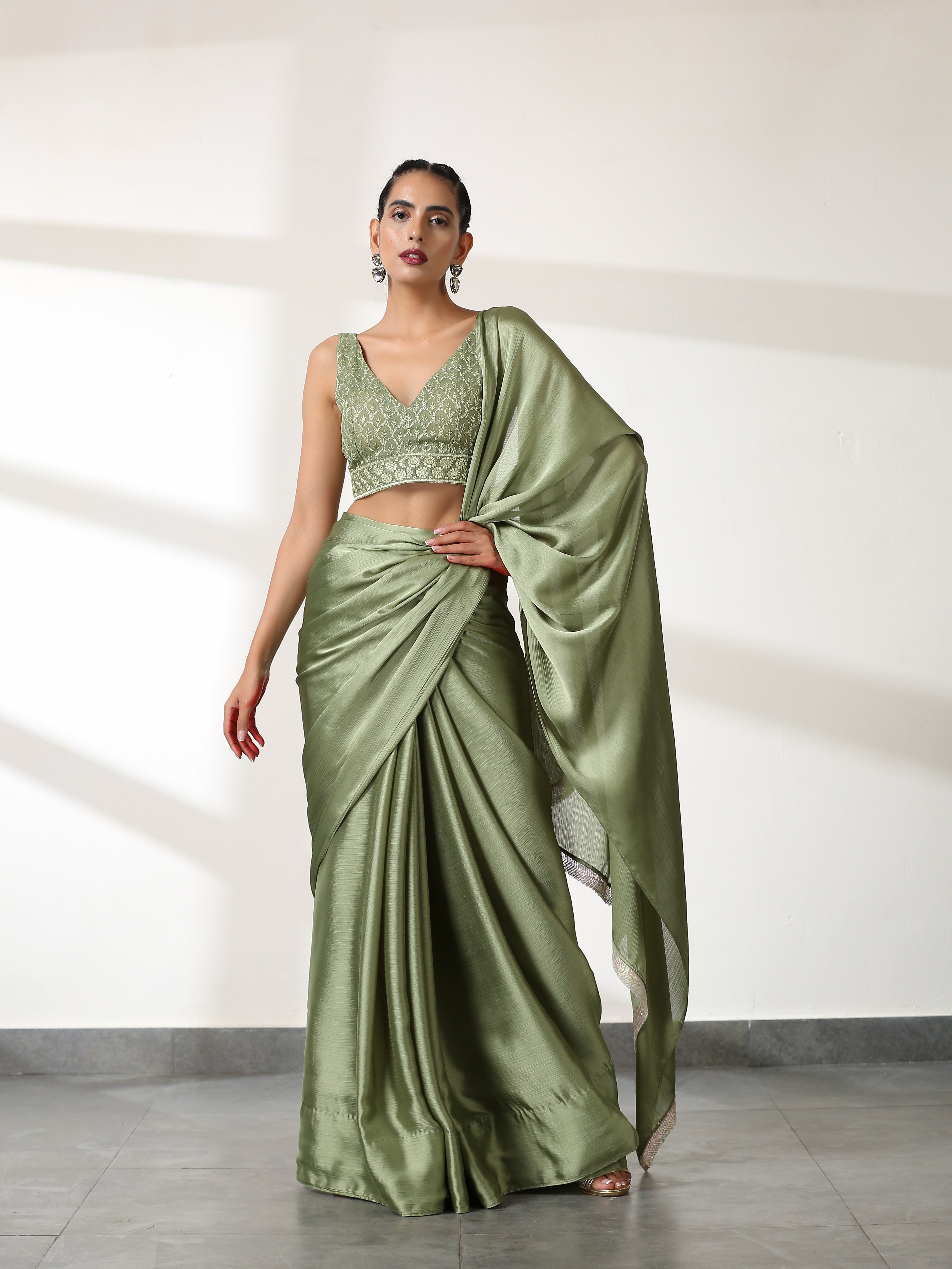 Kiwi Green Butter Chiffon Saree with Embroidered Blouse Fabric