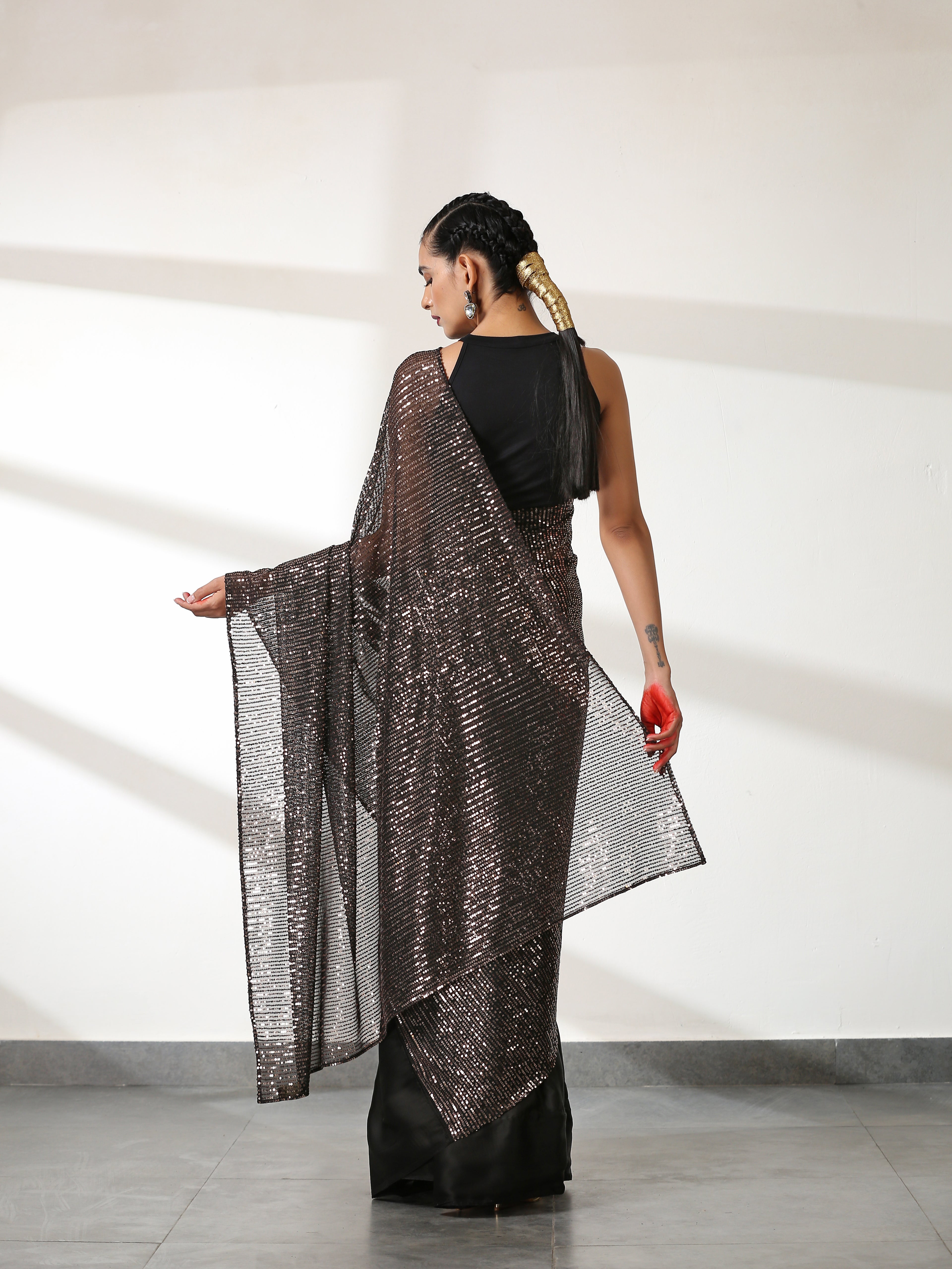 Striking Black and Bronze Sequin Saree