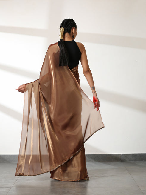 Deadly Metallic Gold Satin Organza Saree
