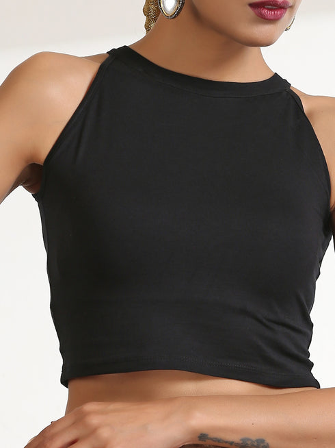 Blouse - Sleeveless Stretchy Crop Knit Black Top