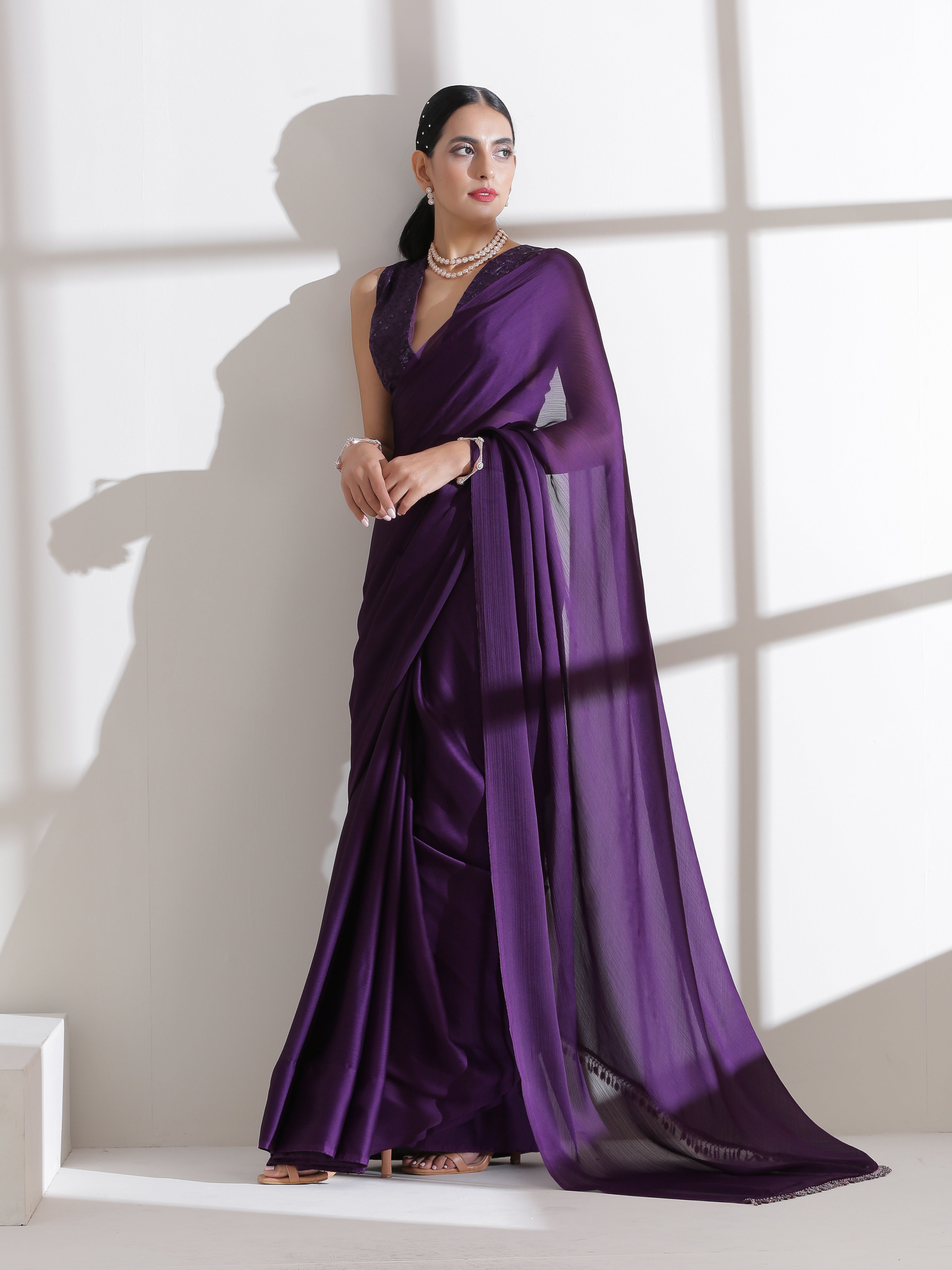 Royal Amethyst Purple Saree With Embroidered Blouse Fabric
