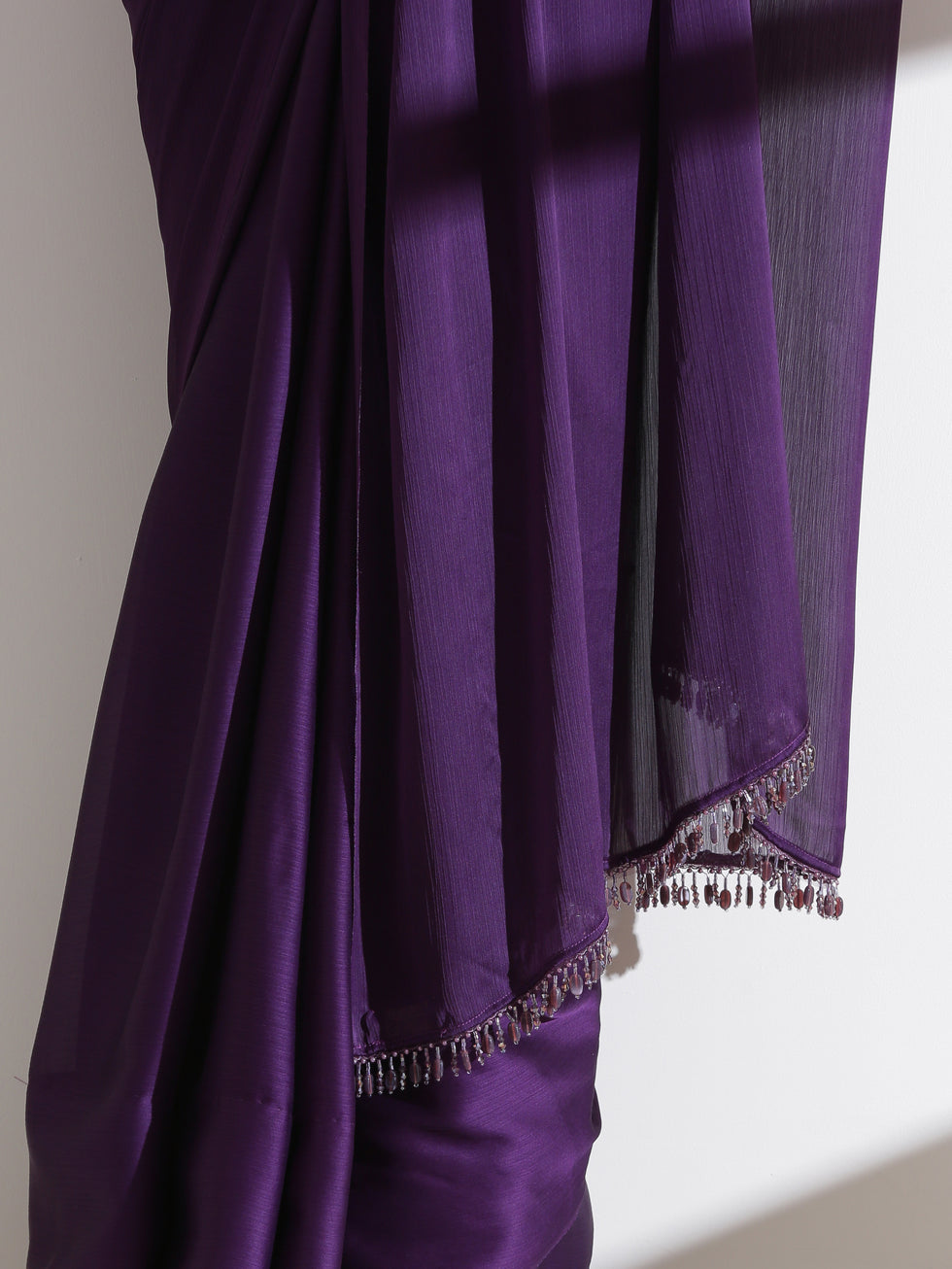 Gold Purple Metallic Satin Saree with Purple Plush Blouse Fabric
