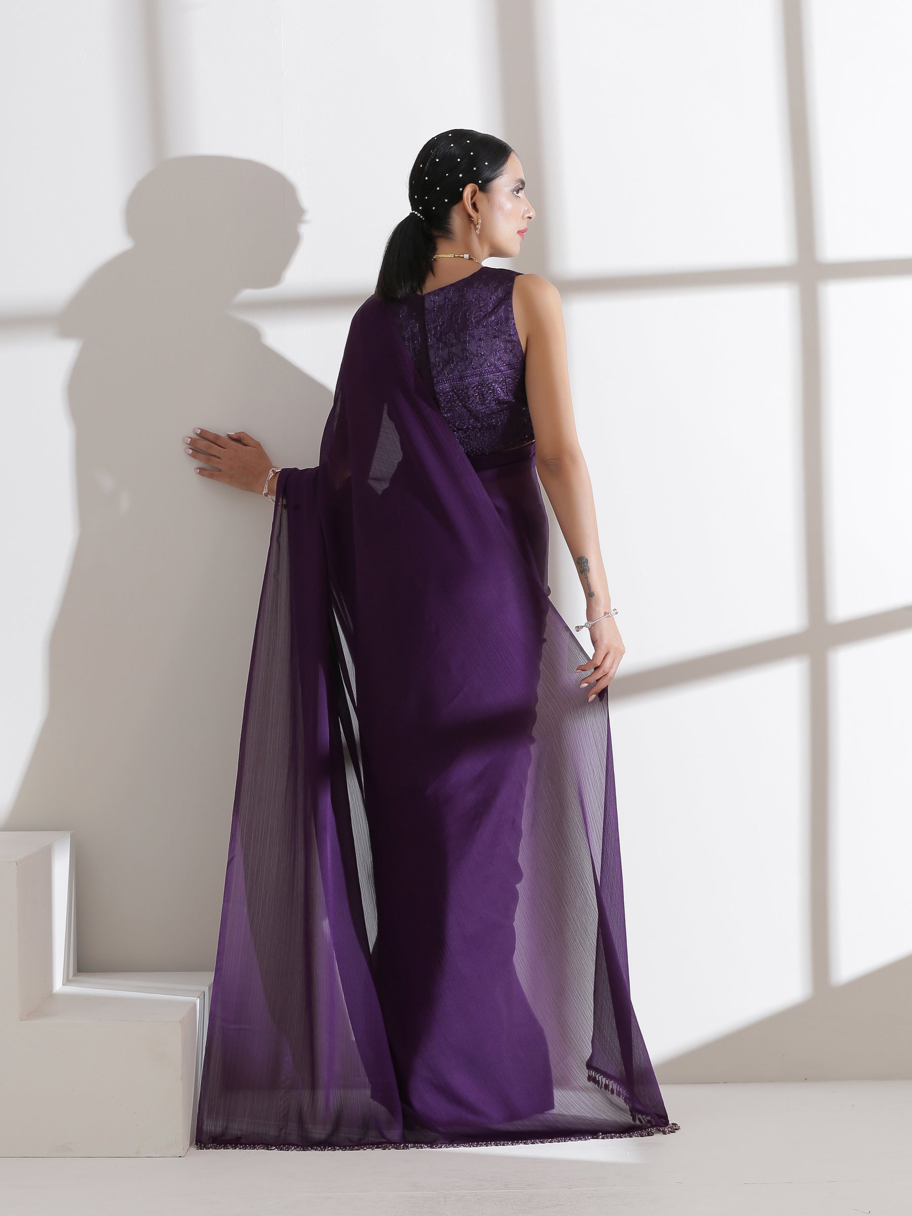 Royal Purple Pre-Draped Saree with Embellished Blouse & Belt main image 0