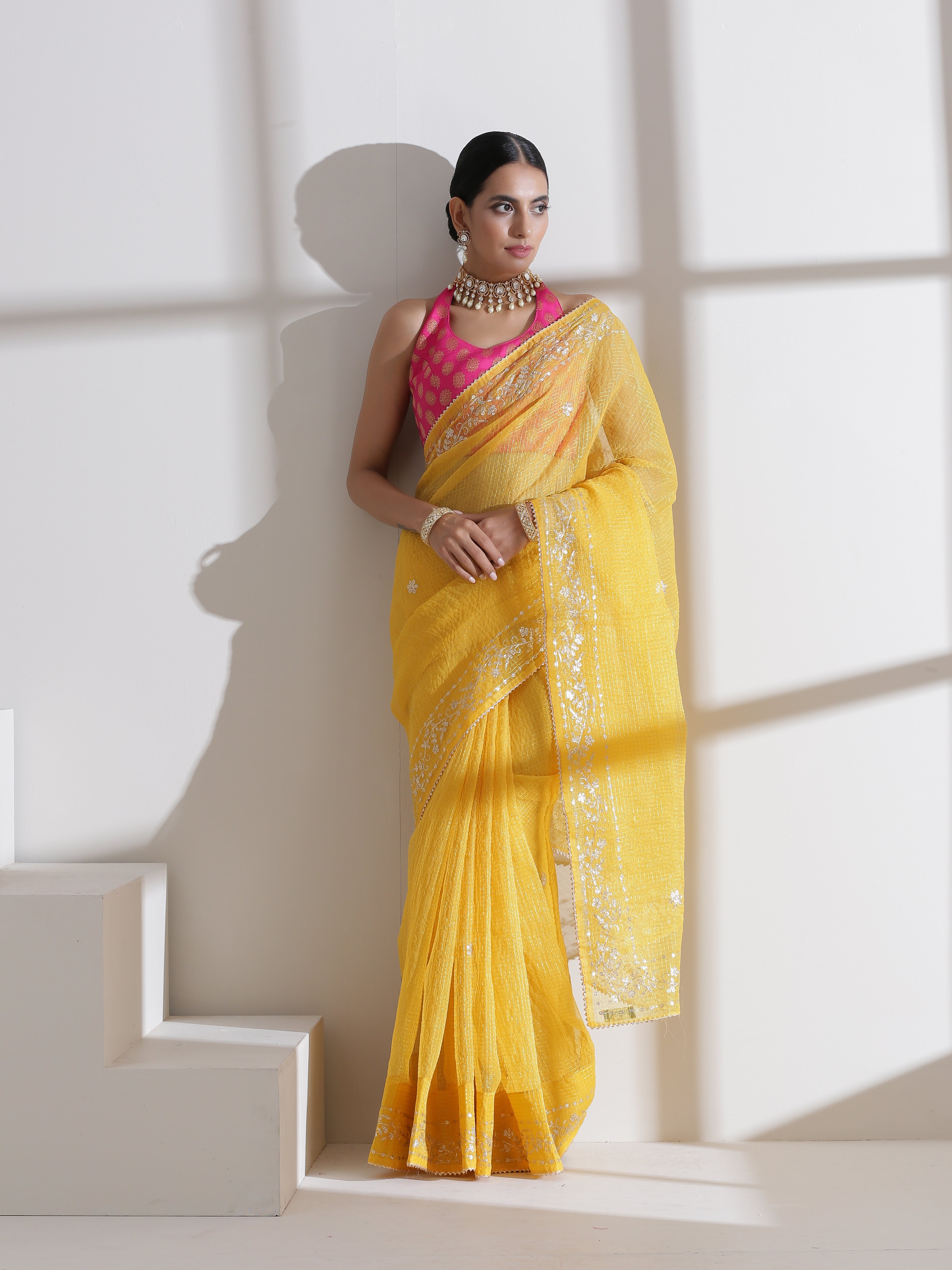 Yellow Pitta Work Kota Doria Saree
