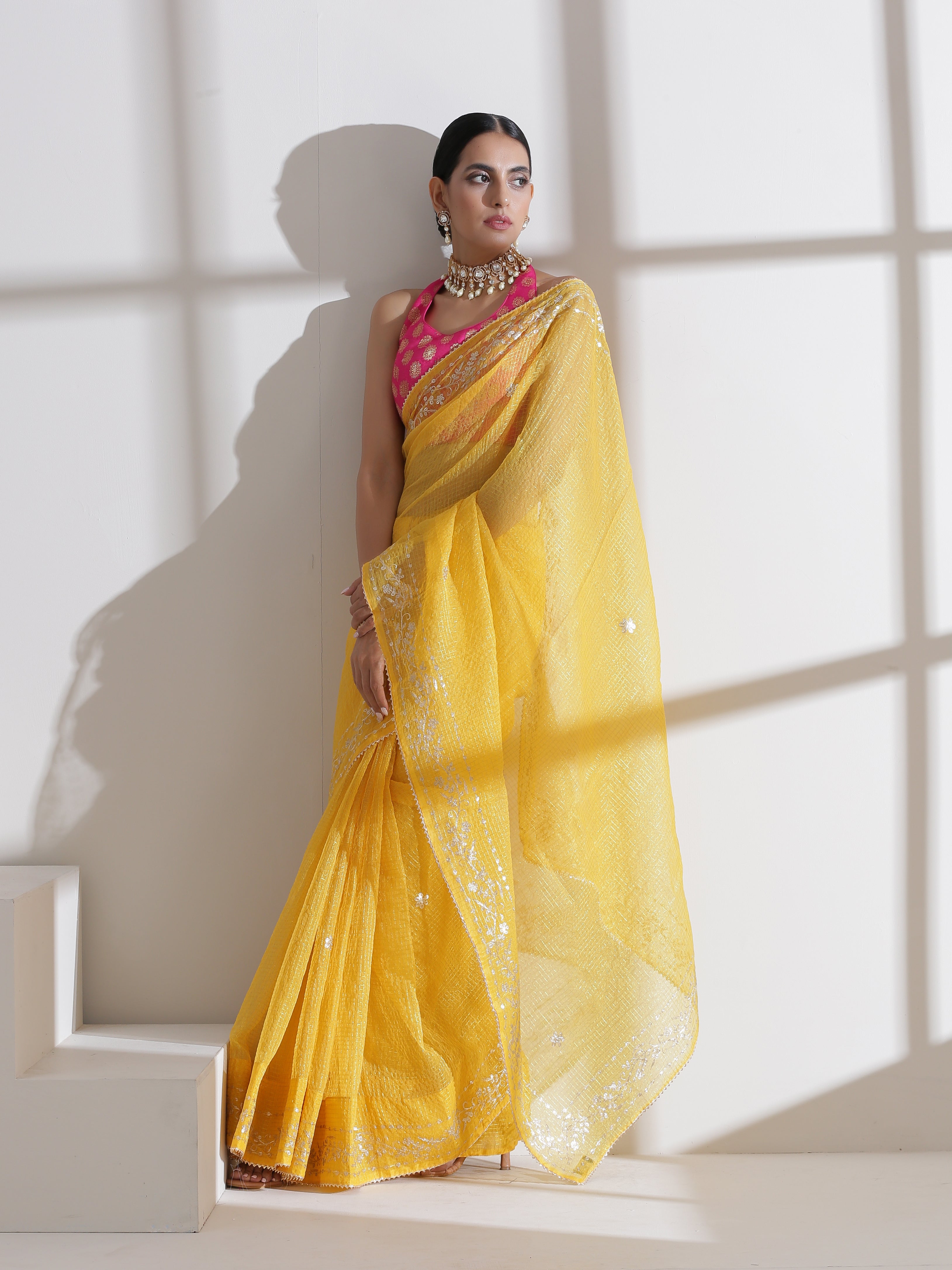 Yellow Pitta Work Kota Doria Saree