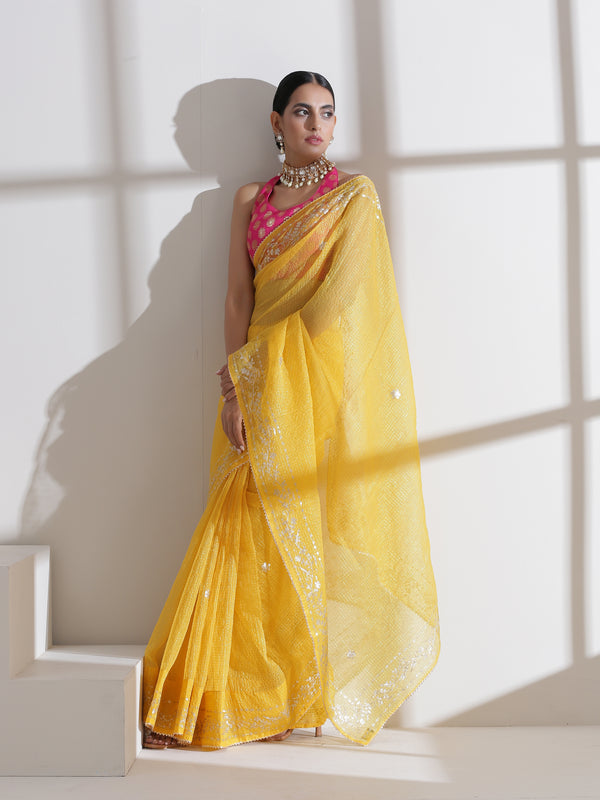 Yellow Pitta Work Kota Doria Saree