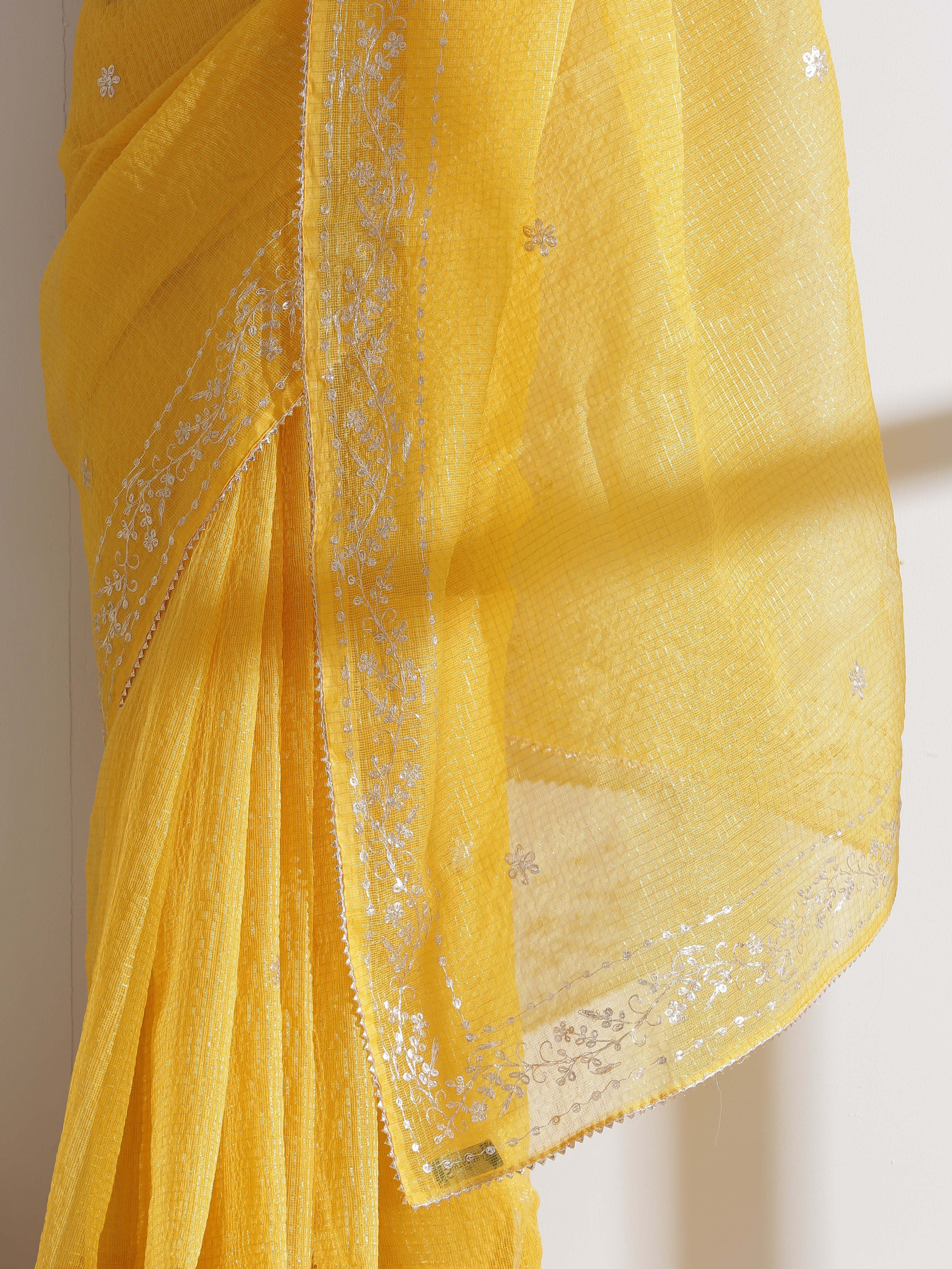 Yellow Pitta Work Kota Doria Saree