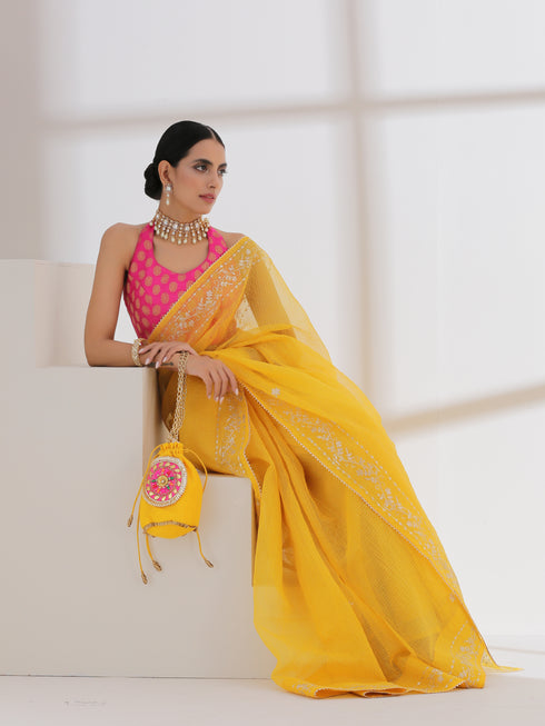 Potli - Yellow Kota Golden Checks Potli with Pink Round Patch