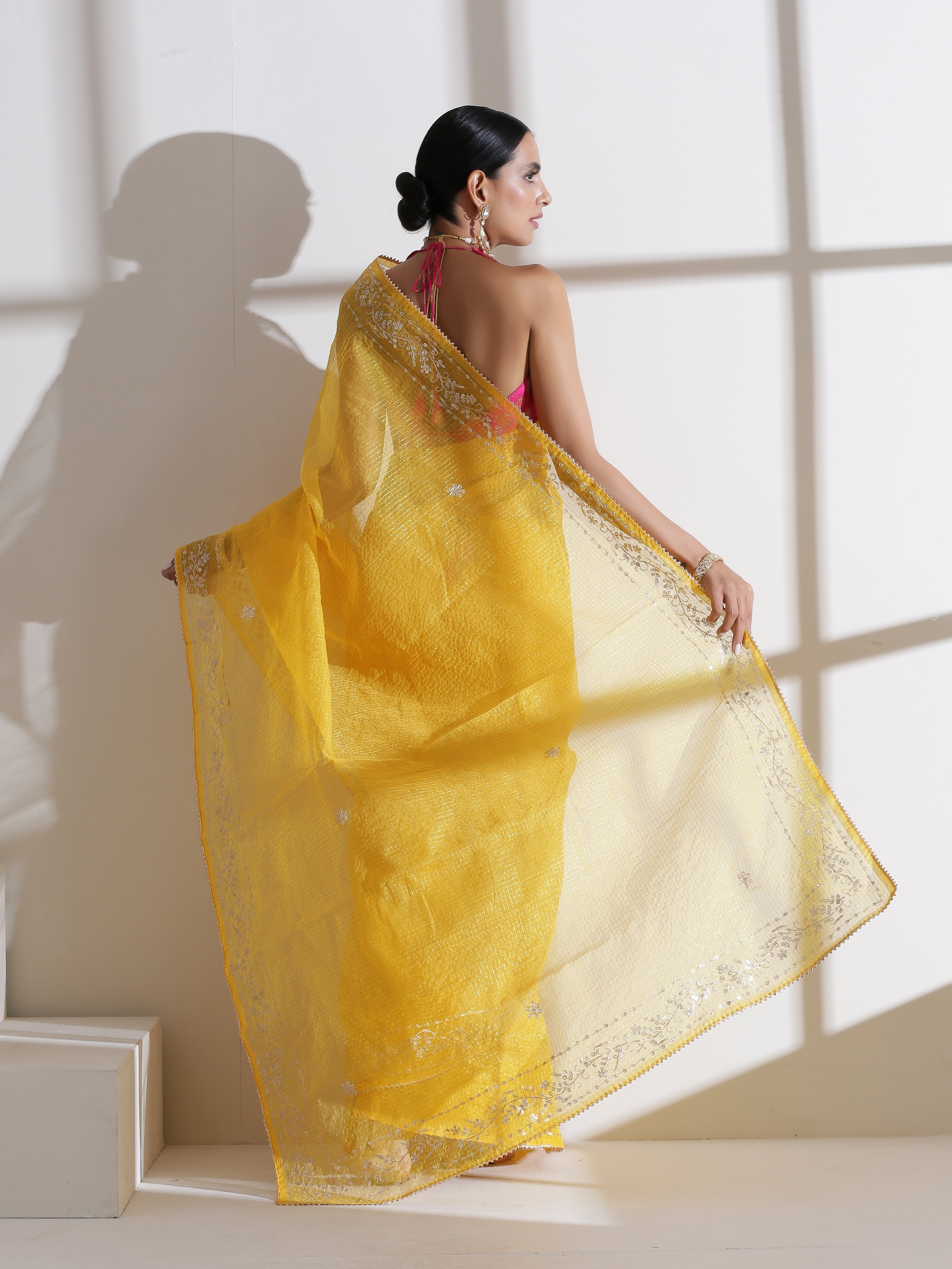 Yellow Pitta Work Kota Doria Saree
