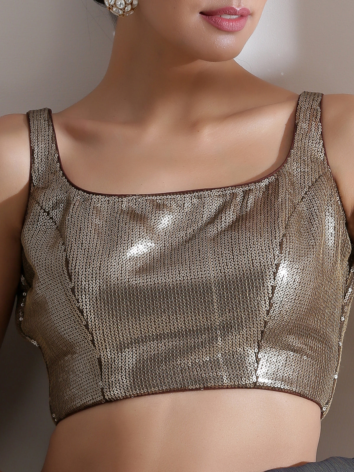 Bronze square neck sequin blouse — view 2
