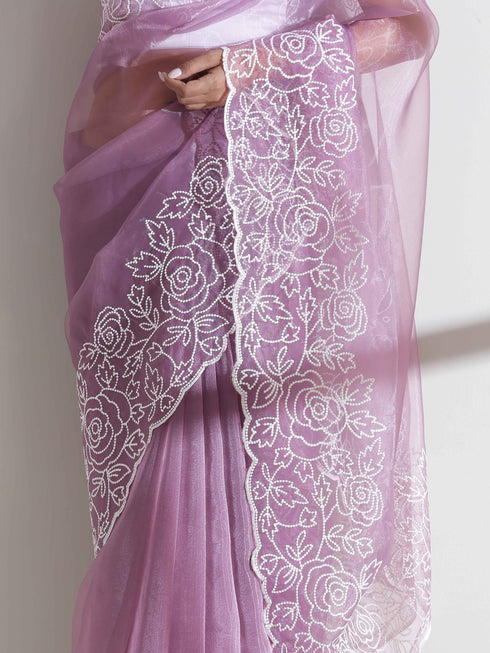Galaxy Lilac Saree With White Embroidery