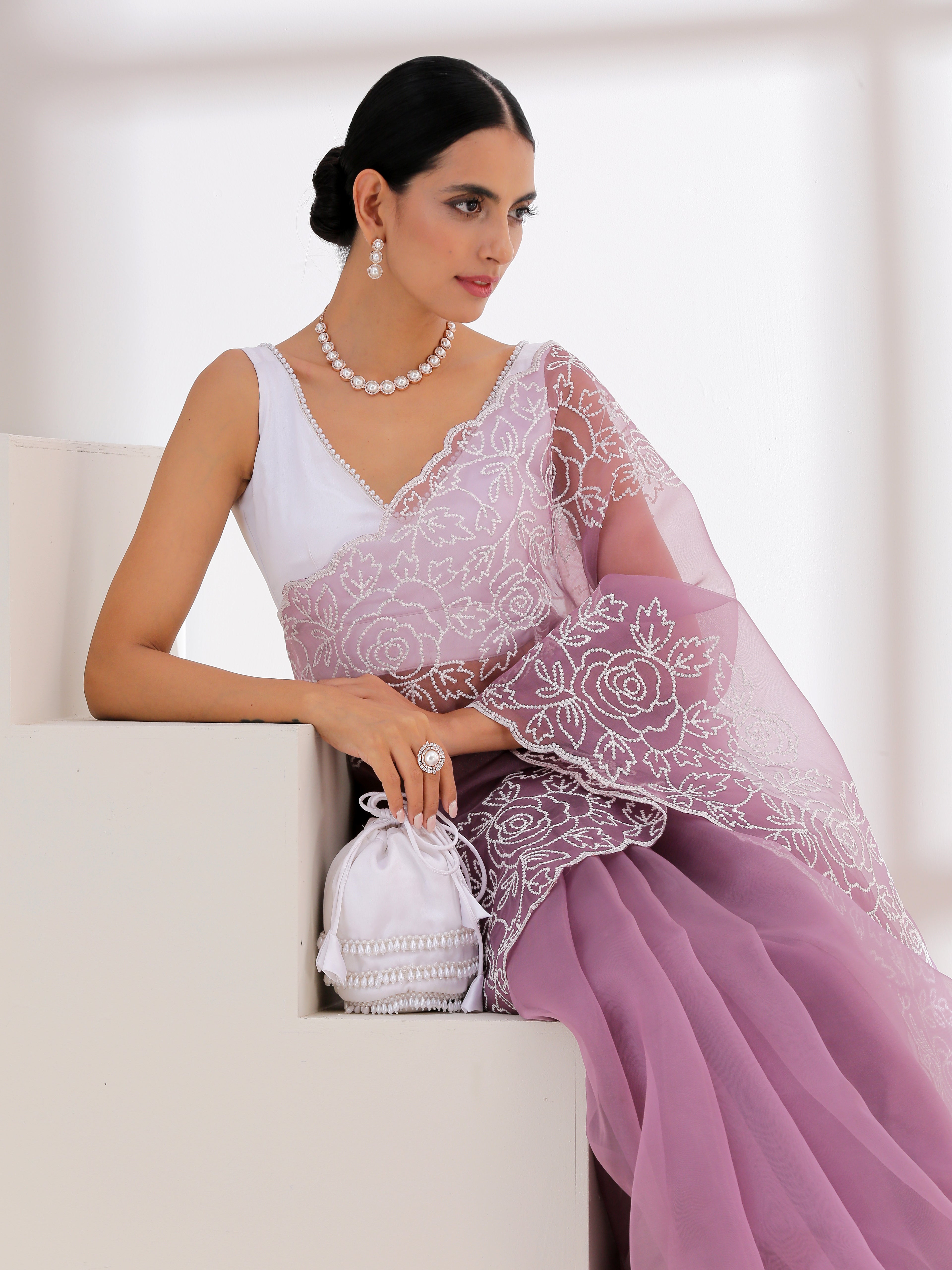 Potli - White Satin with White Beaded Lace Potli
